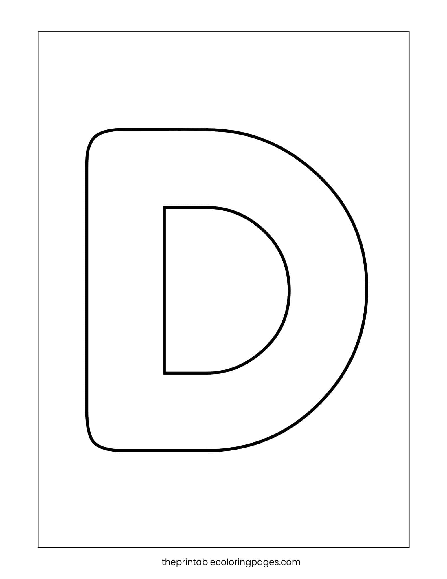 Large capital letter D with thick lines and easy-to-color spaces.