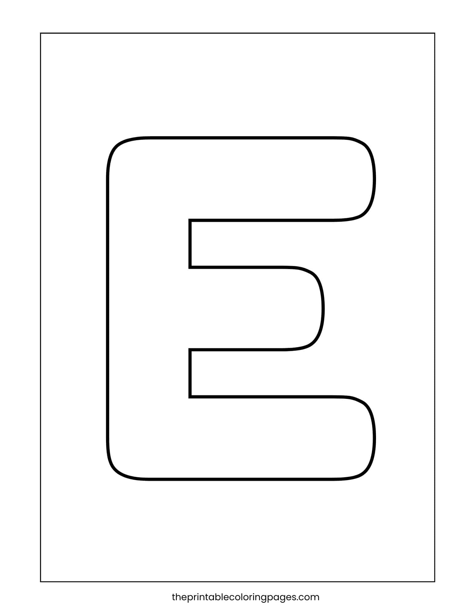 Capital letter E with thick outlines and simple shapes for young children.