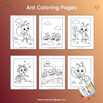 Featured image for ant coloring pages showing six printable ant coloring sheets in a grid on a warm orange background, including single ants, ant groups, and simple nature scenes with clouds, flowers, leaves, and mushrooms.