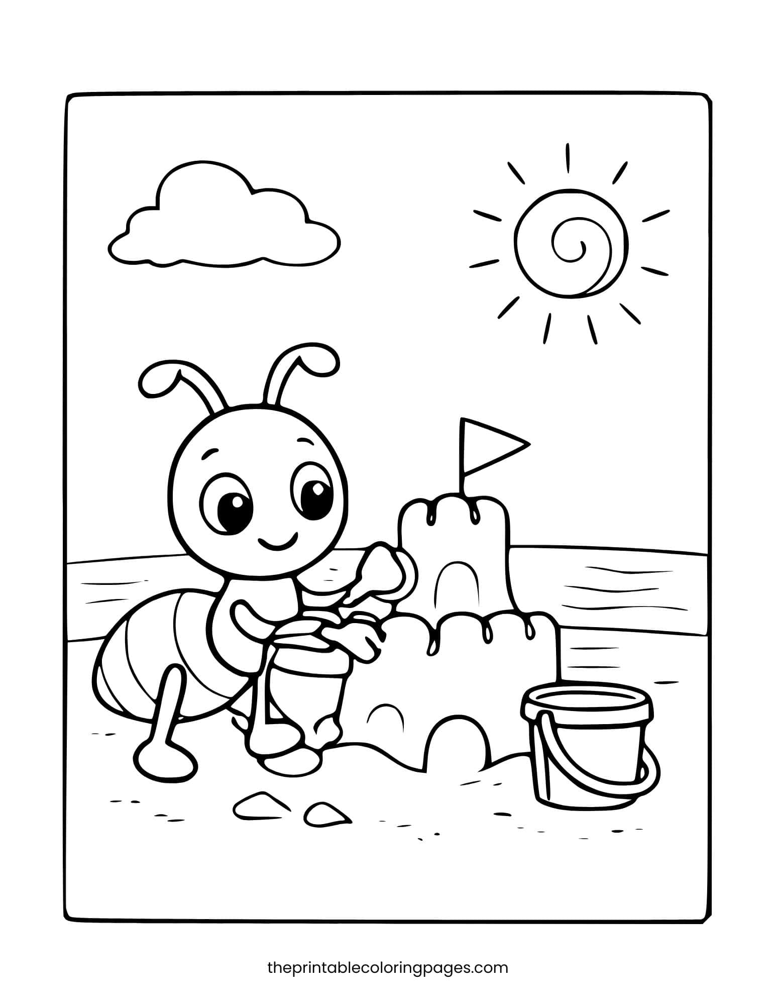 Ant building a sandcastle at the beach. Simple shapes and thick outlines.