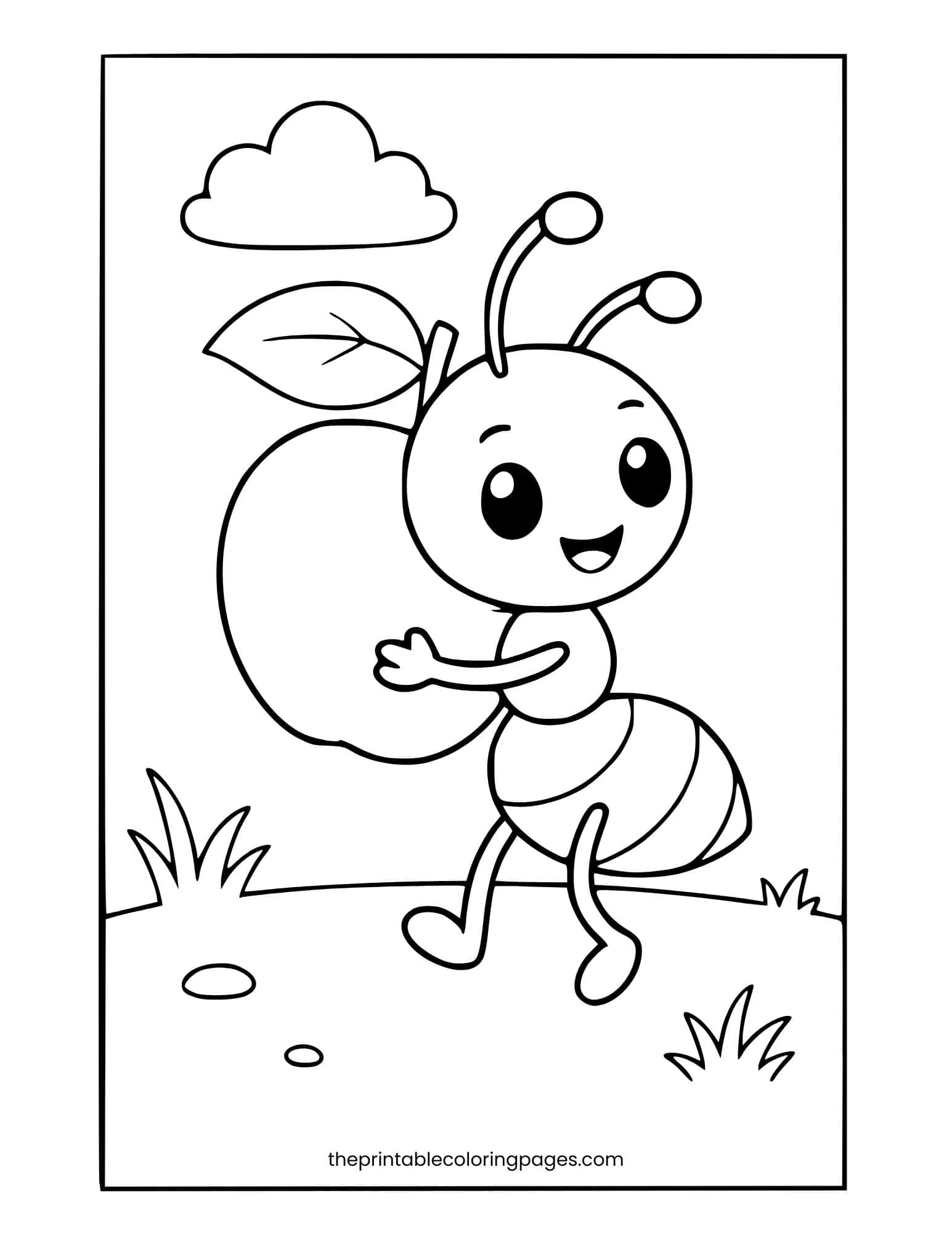 Simple ant carrying a large apple. Clean white background, easy to color.