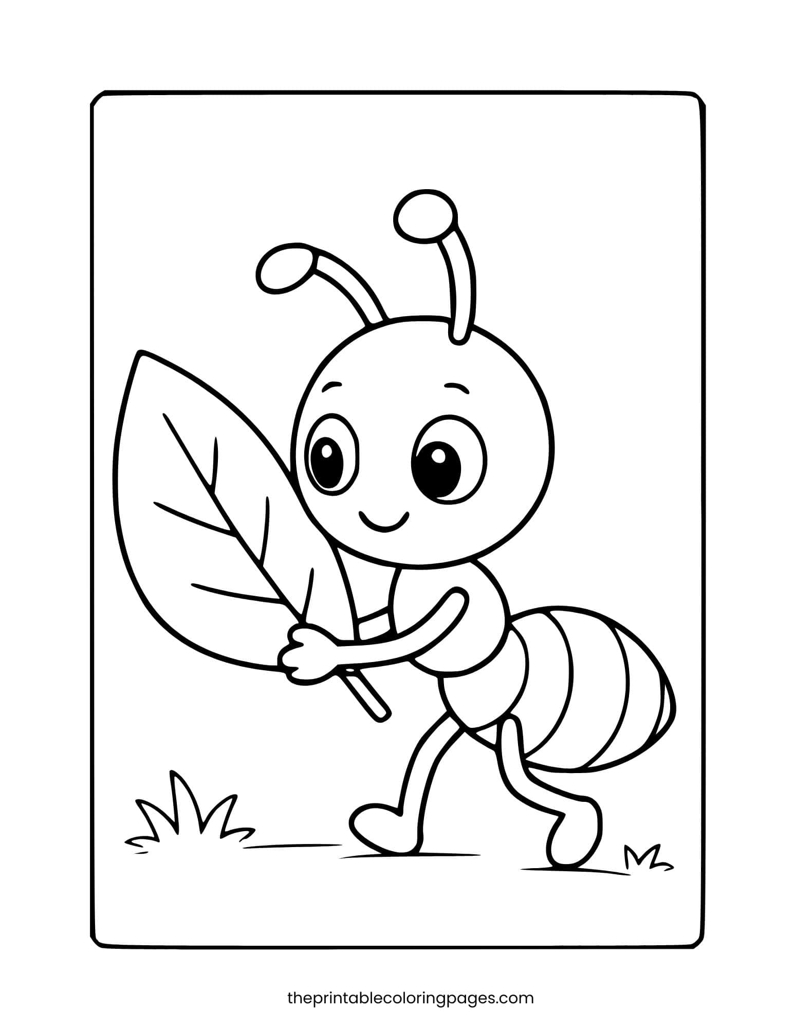 Simple ant walking and carrying a large leaf on a clean white background.