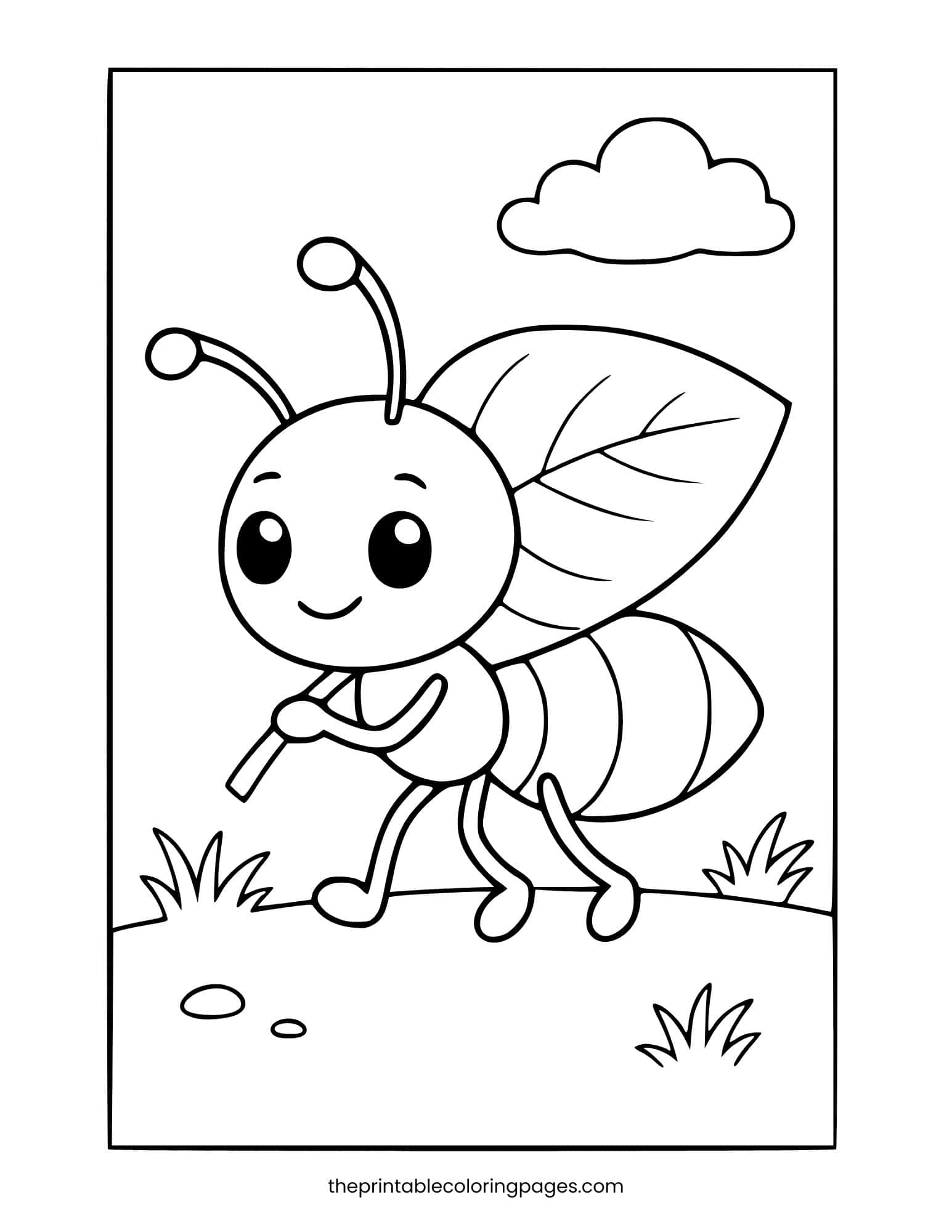 Small ant holding a large leaf over its back. Preschool-friendly design.