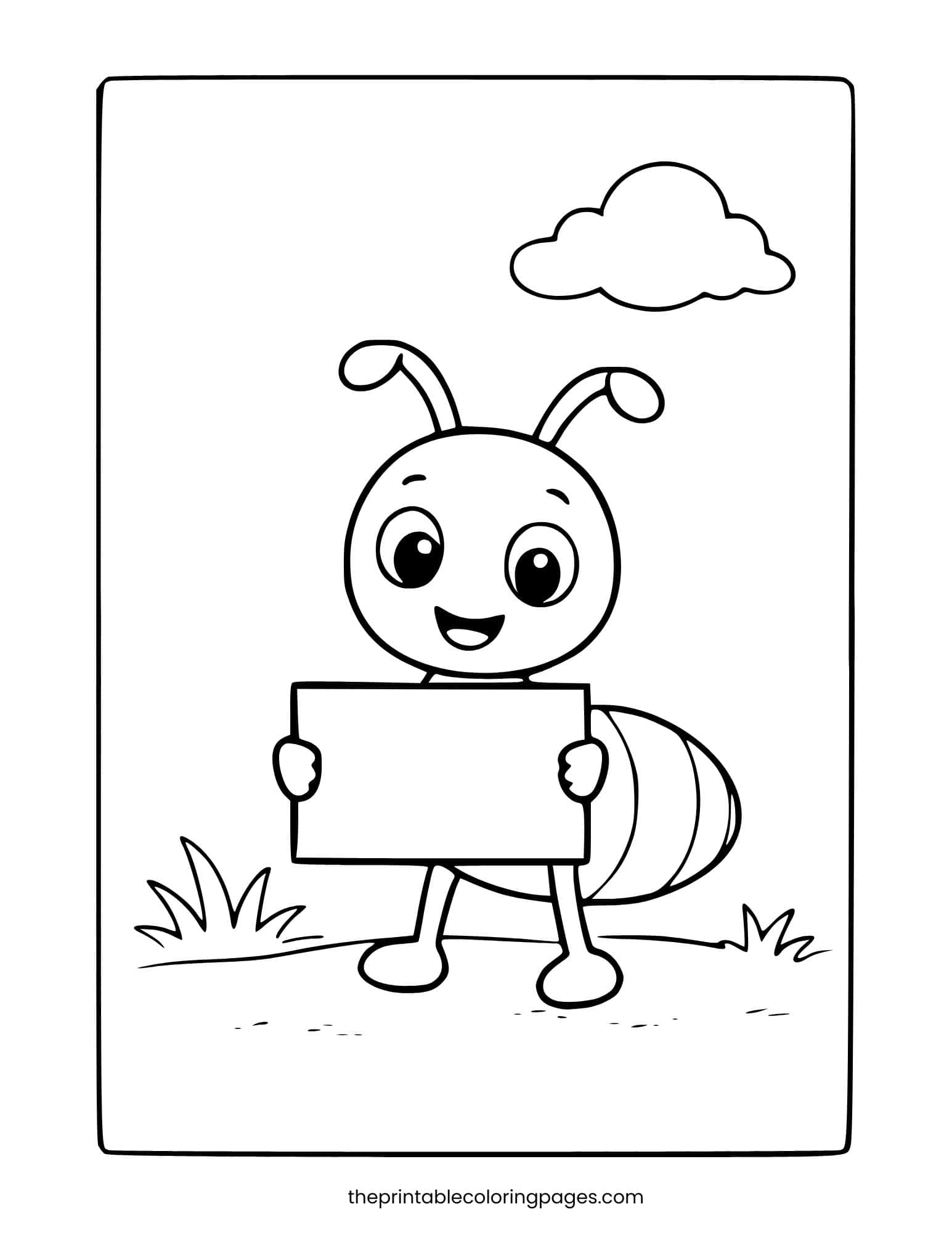 Simple ant holding a blank rectangular sign with thick outlines.