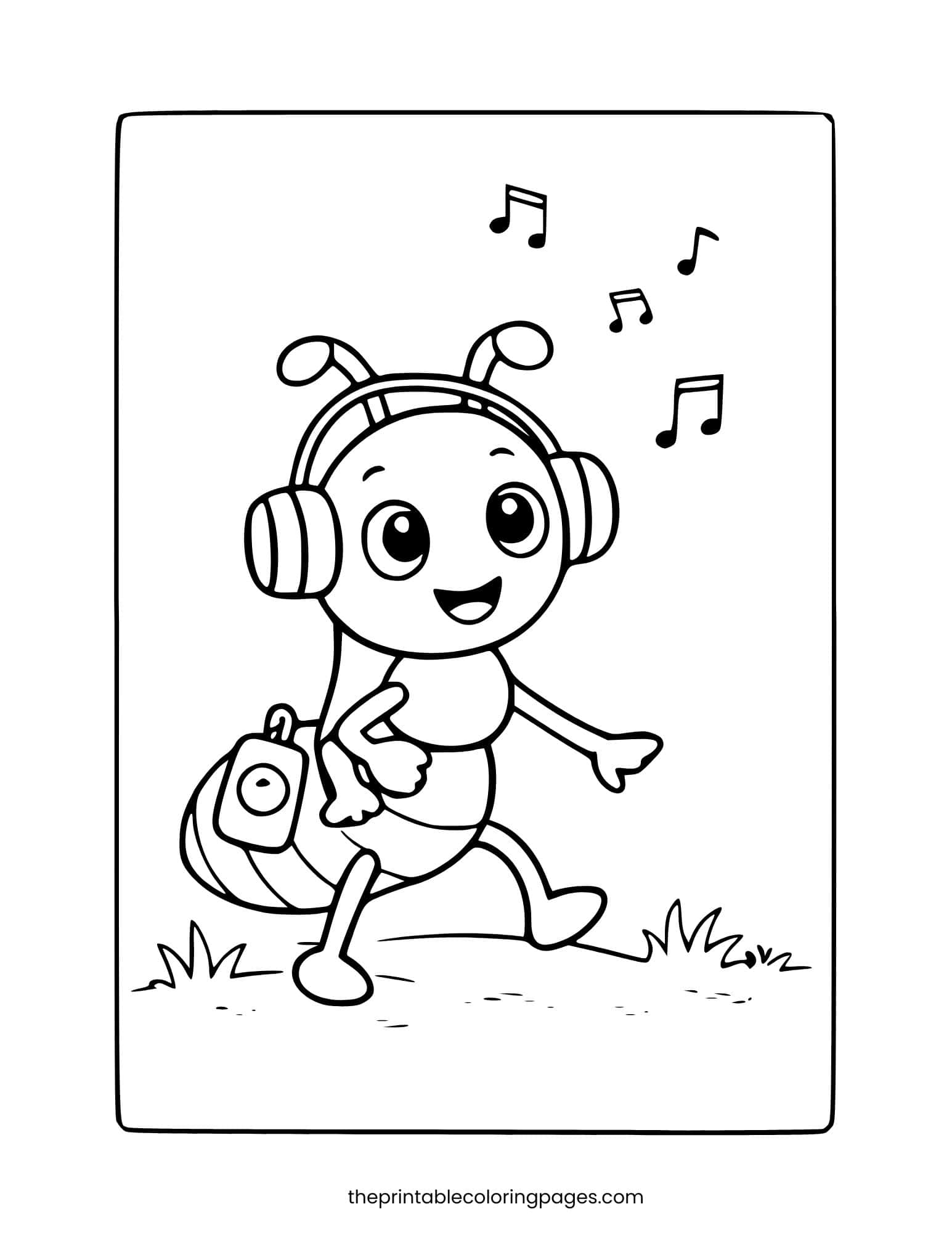 Cute ant wearing headphones and listening to music. Simple shapes for preschoolers.