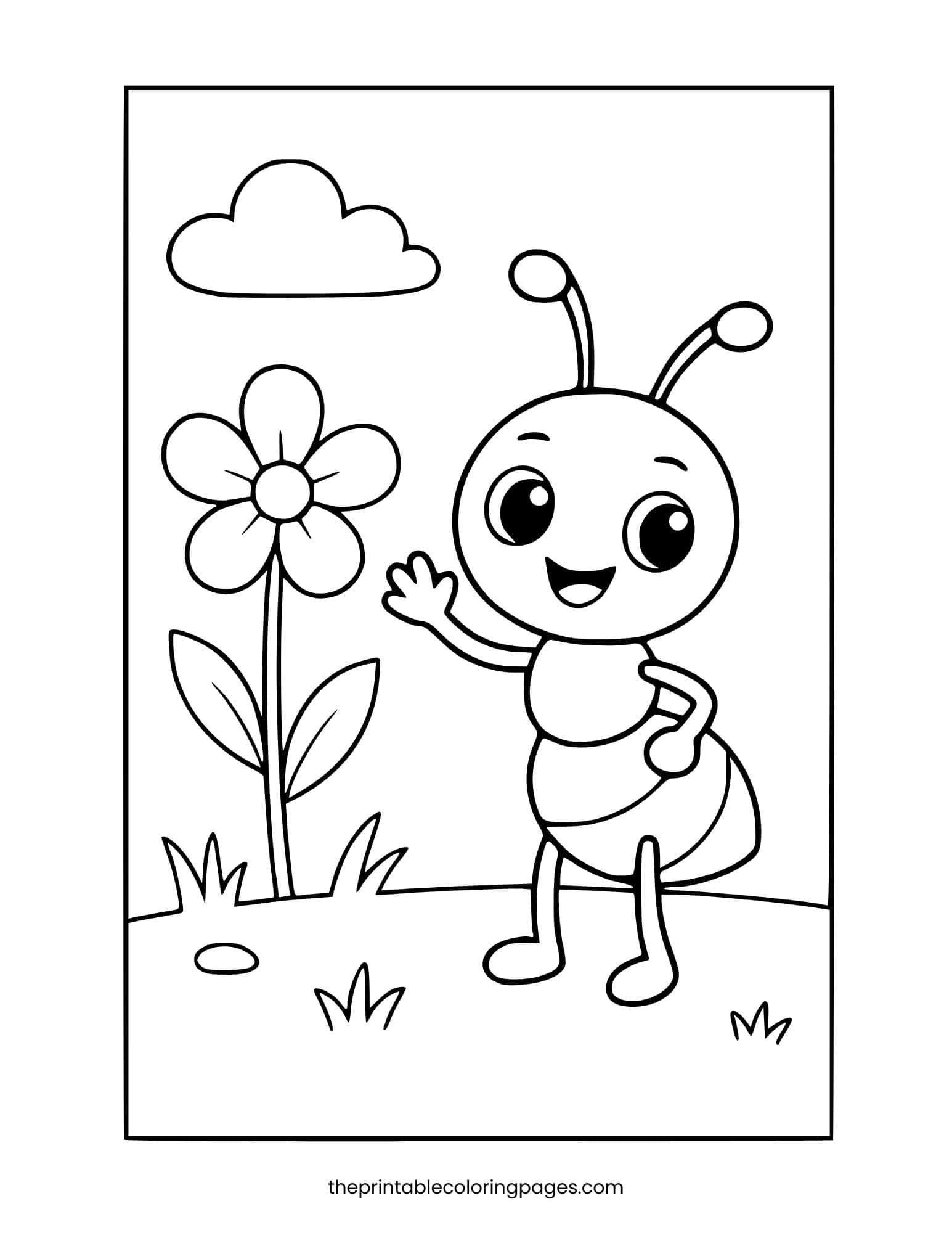 Happy ant waving next to a large flower and a cloud, preschool-friendly.