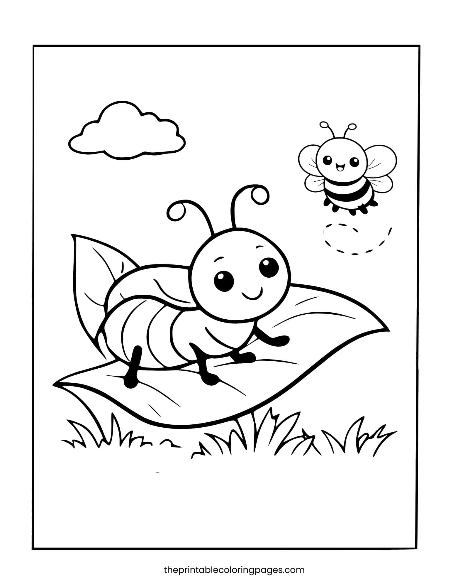 Ant resting on a leaf with a small bee flying nearby. Simple outlines.