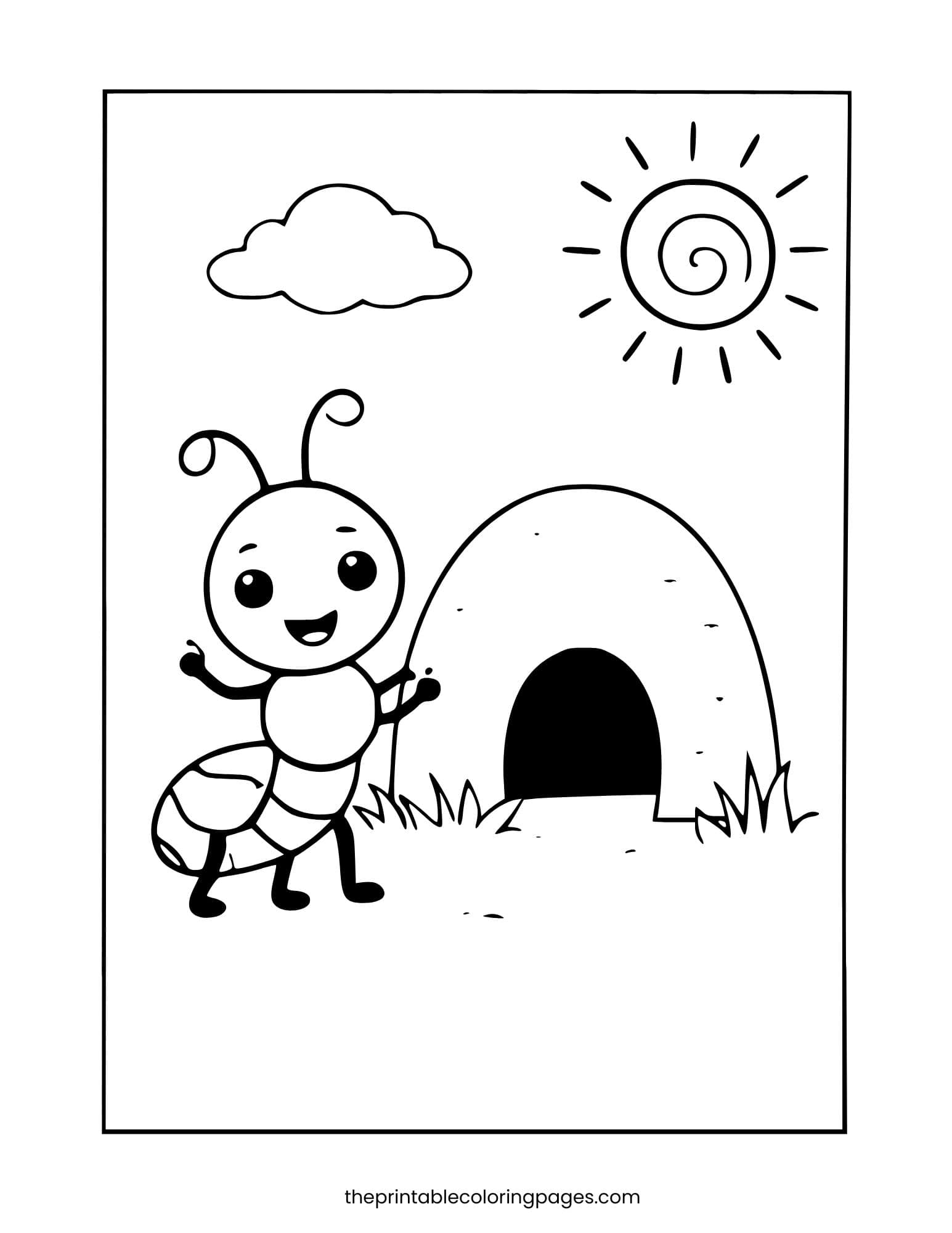 Ant standing outside an anthill under a bright sun. Thick lines.
