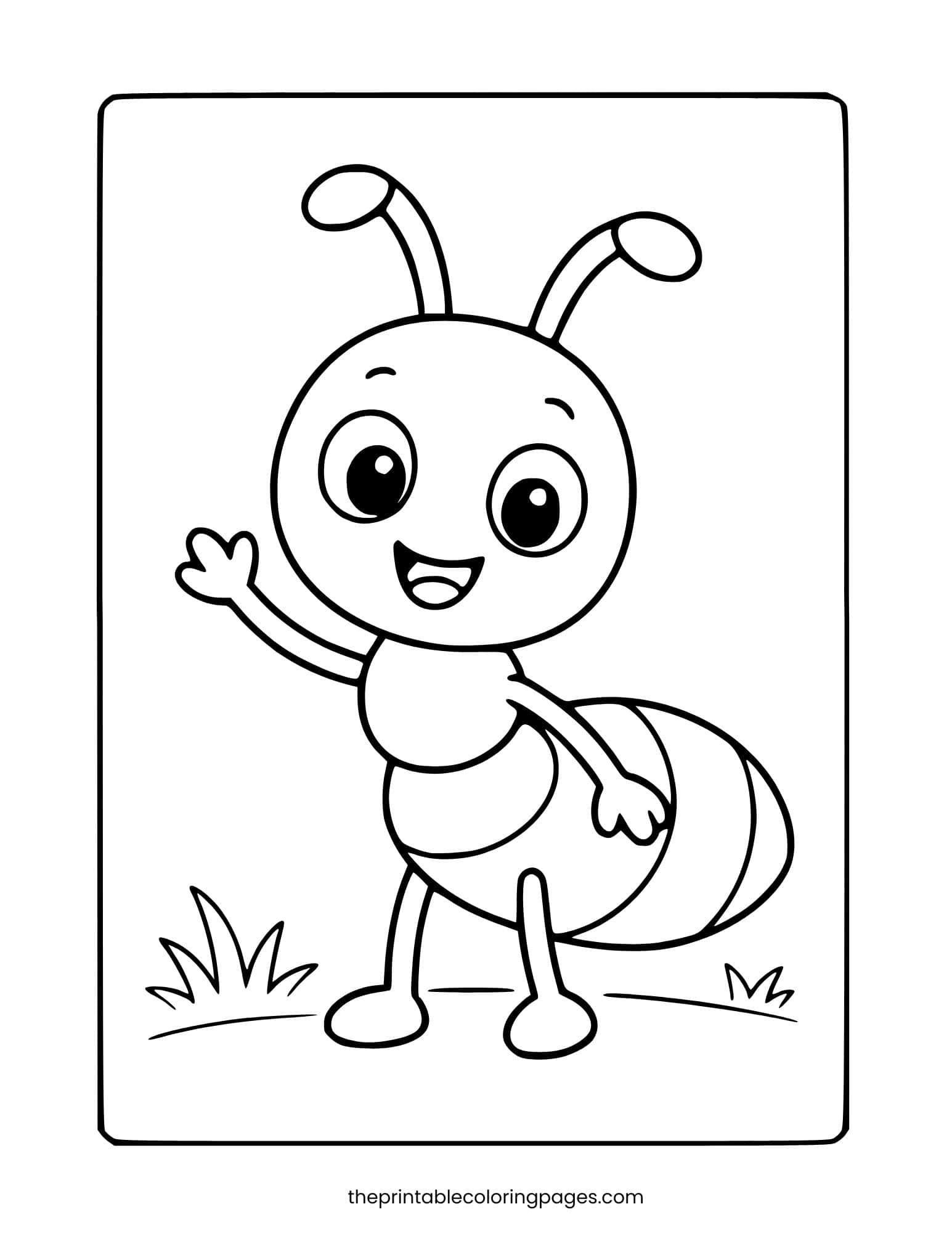 Cute ant character waving its hand in a grassy field with thick outlines.