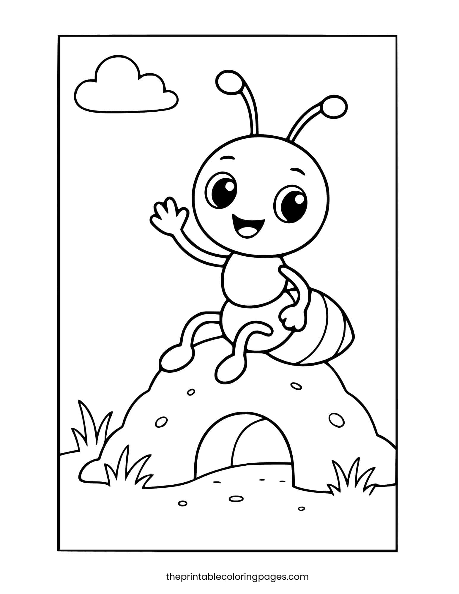 Friendly ant waving while sitting on a small anthill. Thick outlines.