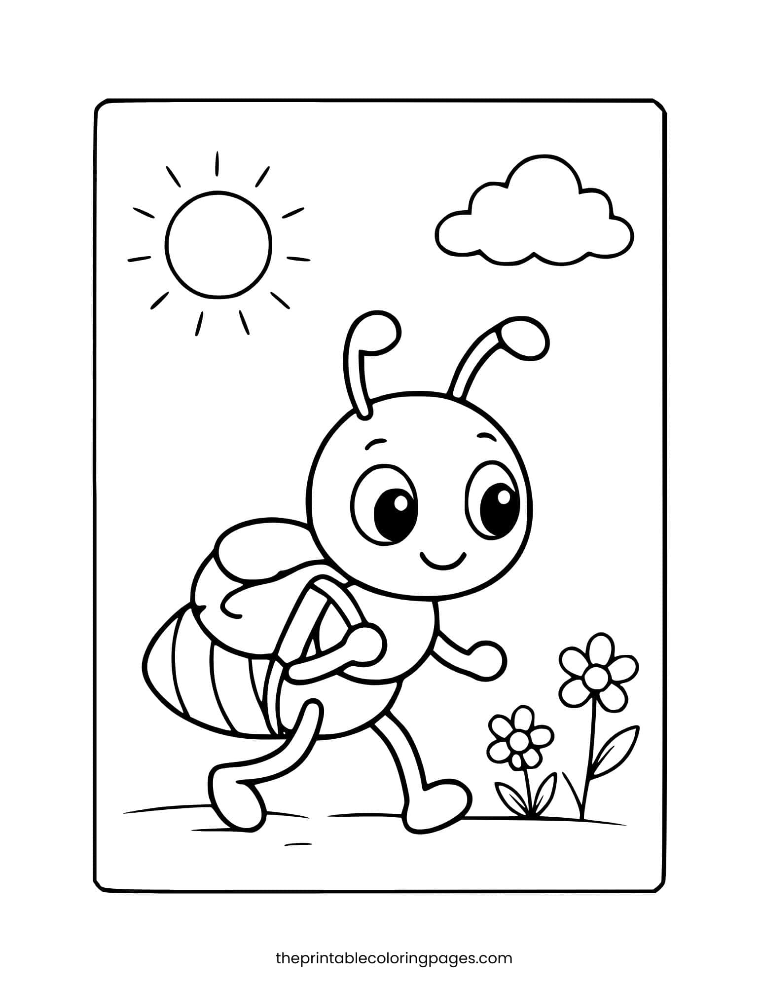 Happy ant wearing a backpack walking under a bright sun and clouds.