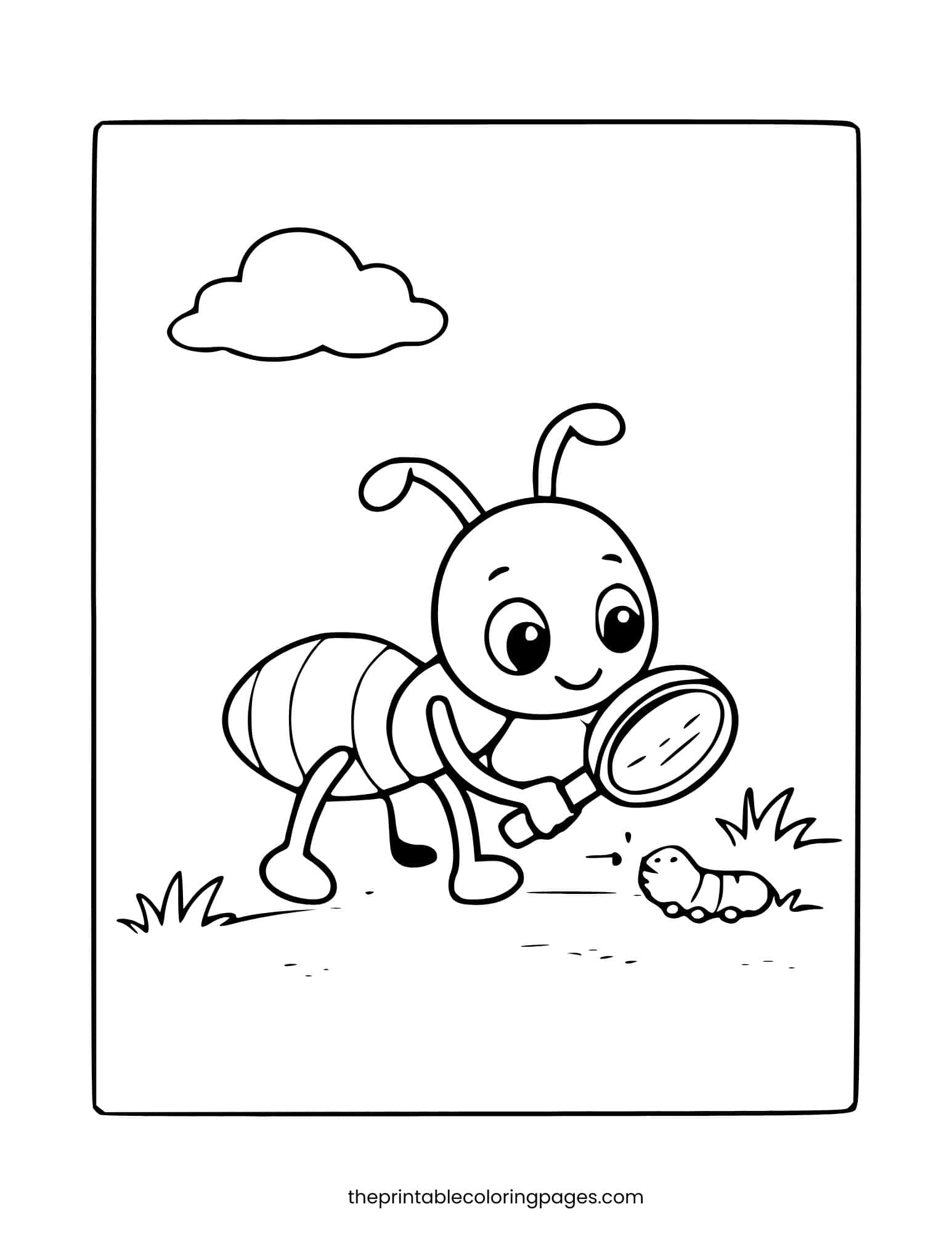 Cute ant holding a magnifying glass and looking at a small caterpillar.