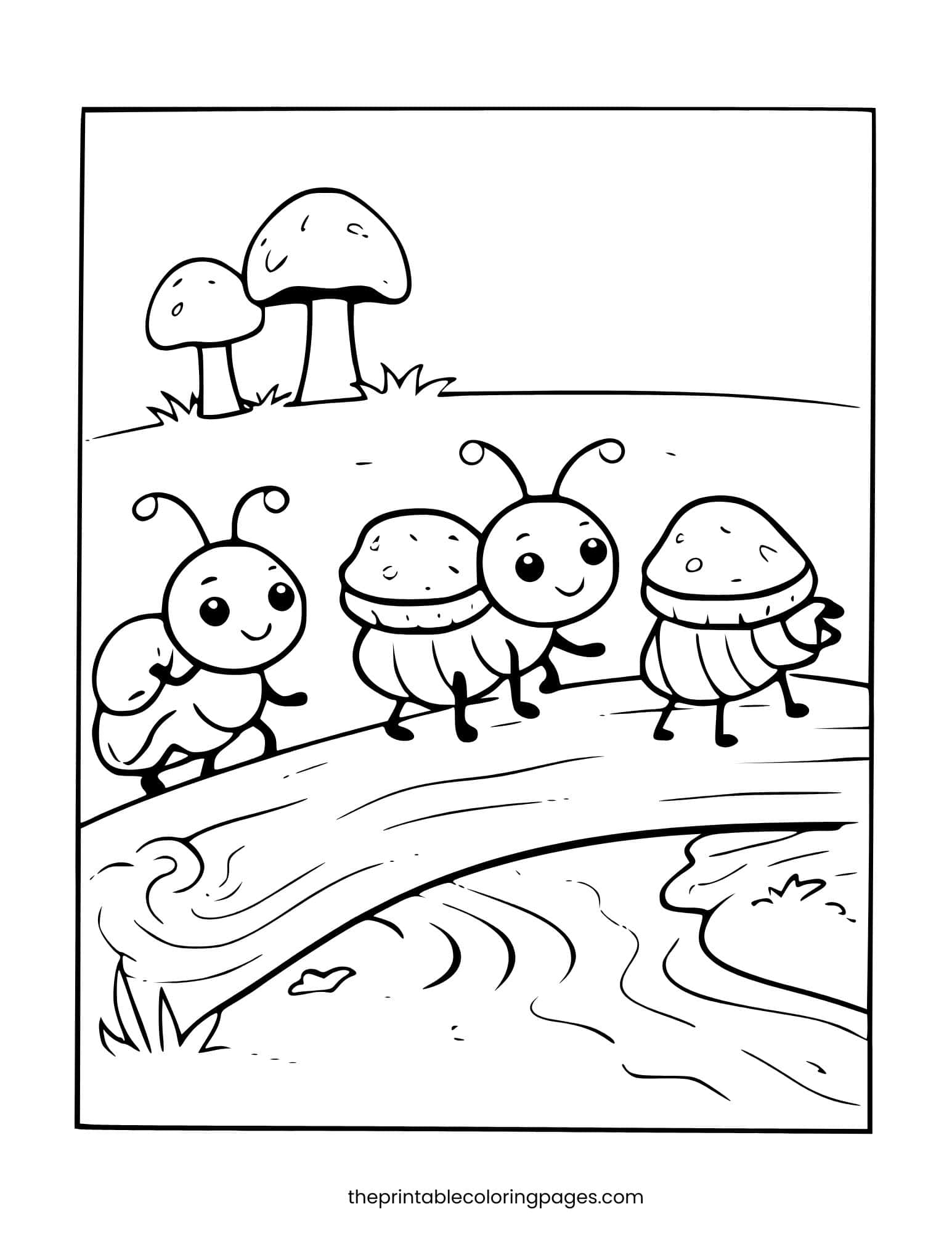 Ants carrying pieces of bread across a log over water. Clean white background.