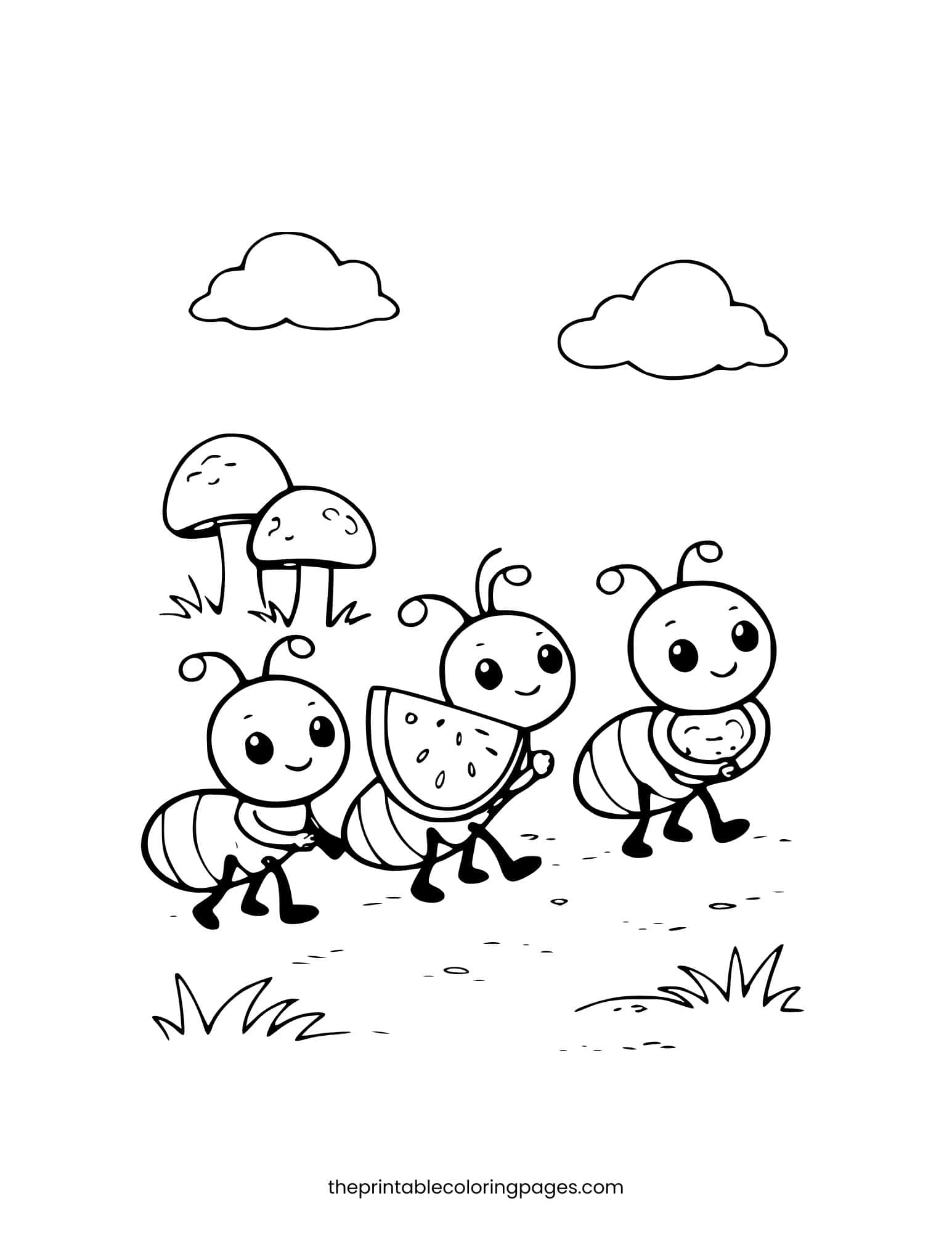 Ants carrying a watermelon slice and bread. Thick outlines and simple shapes.