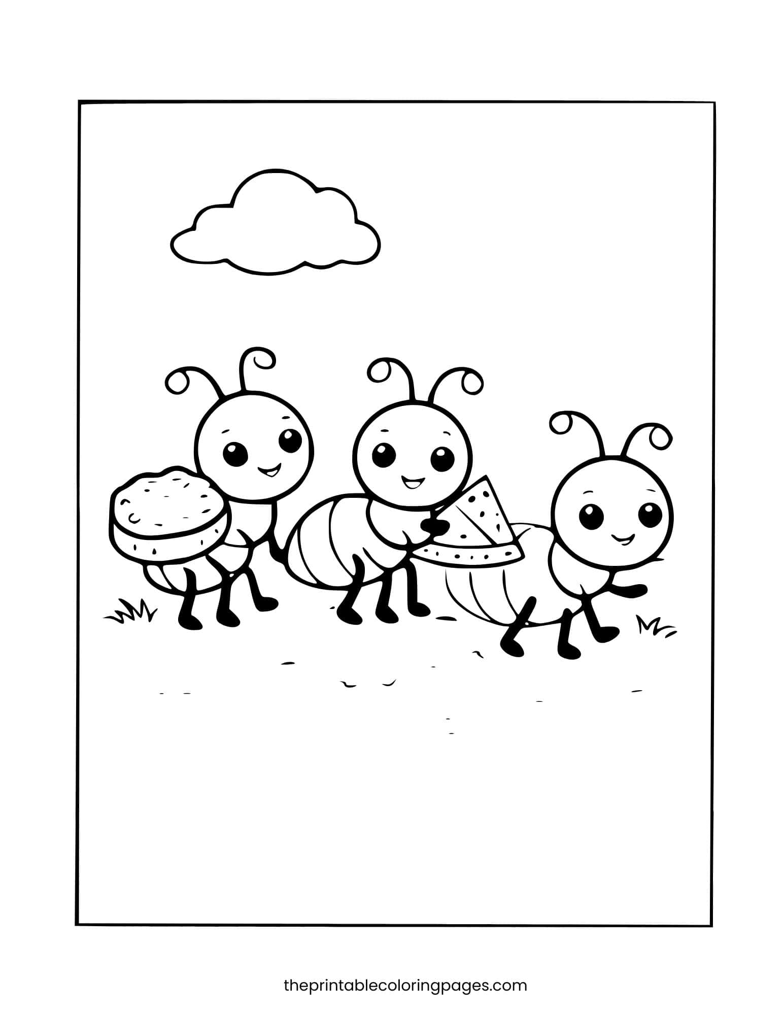 Ants carrying cookies and fruit. Simple, easy-to-color preschool illustration.