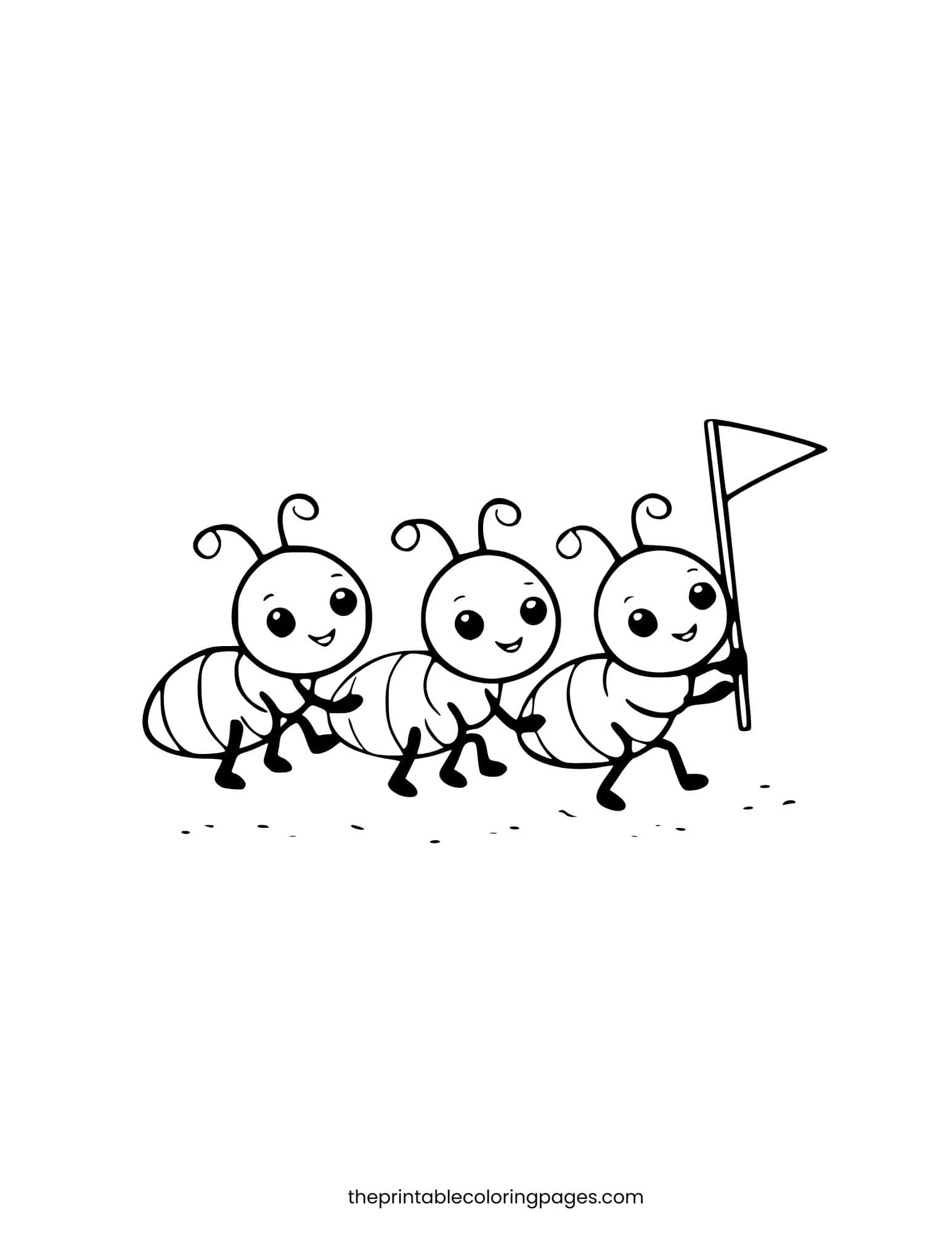 Three ants marching in a line with a flag. Clean white background.