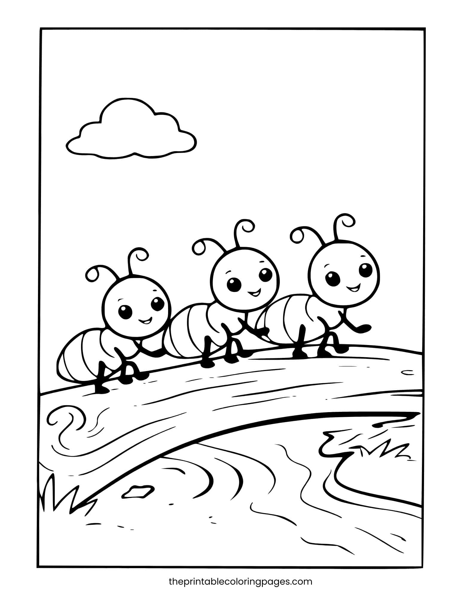 Three cute ants marching across a wooden log over water. Simple preschool-friendly design.
