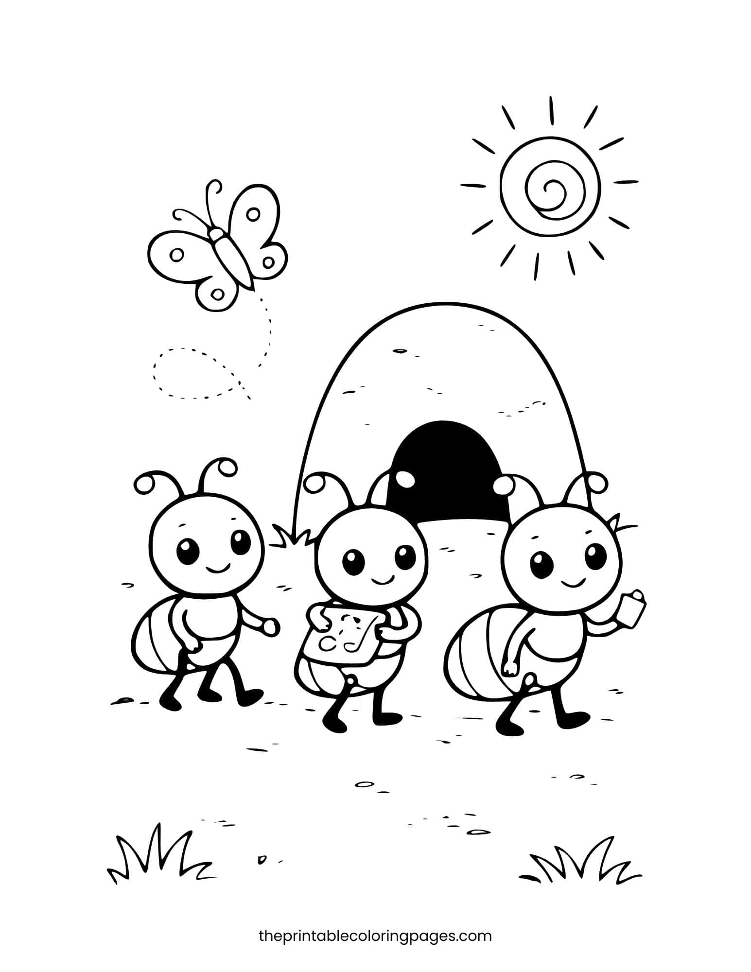 Ants marching near an ant hill with a sun and butterfly. Preschool-friendly layout.
