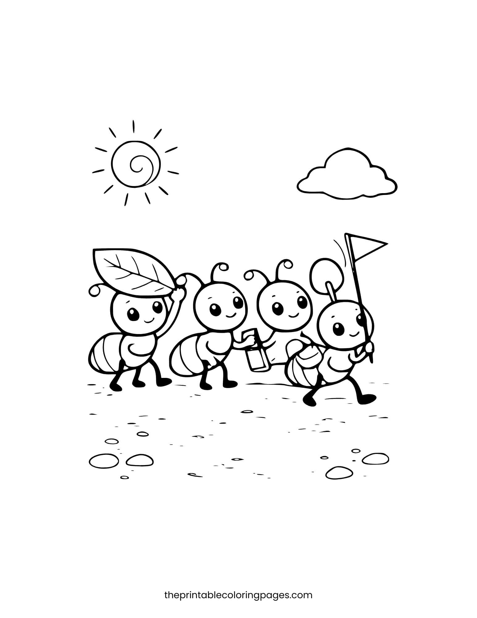 Ants marching in a line carrying a leaf and a flag. Simple thick lines.