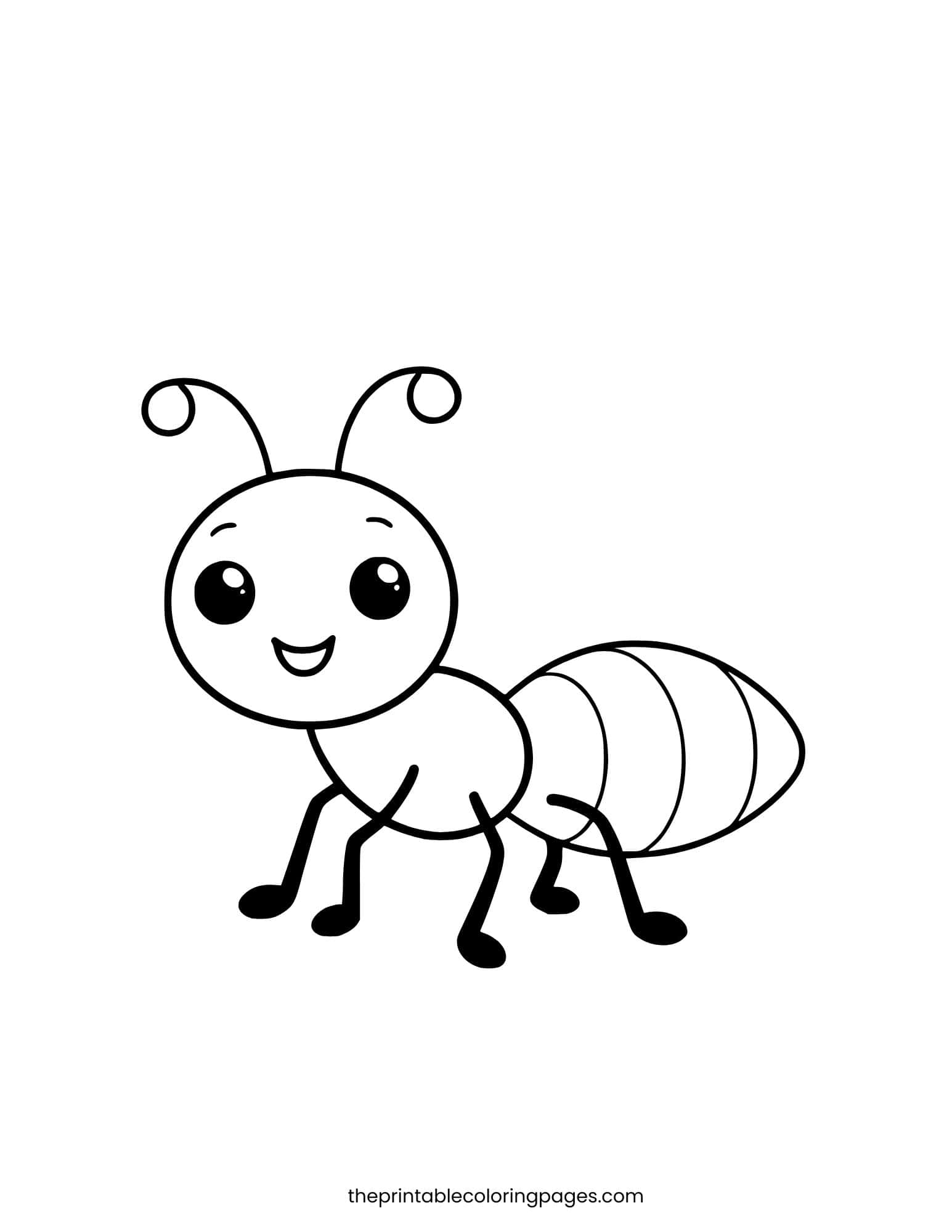 Simple ant with thick outlines and a happy smile on a clean white background.