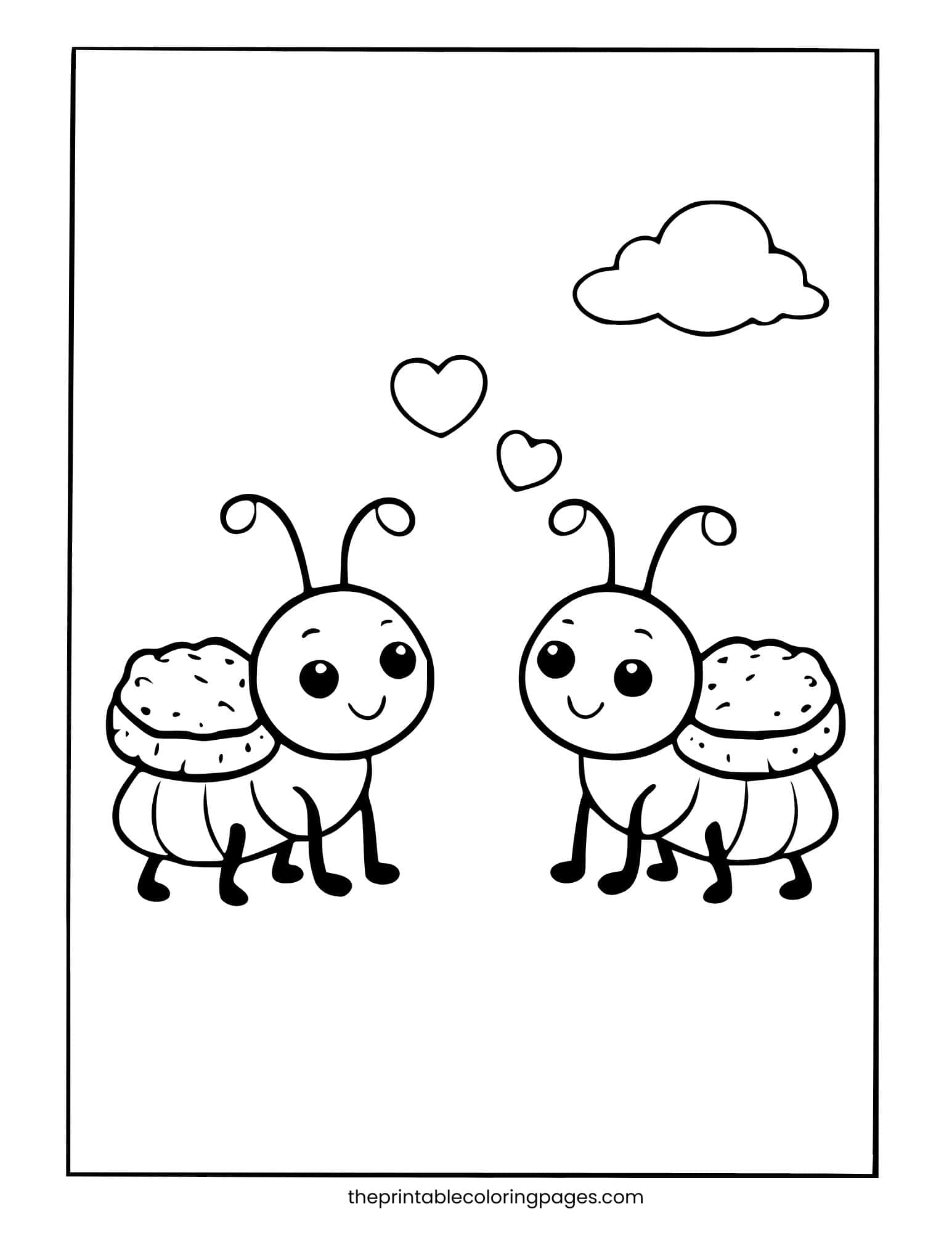 Two cute ants looking at each other with hearts above them. Thick outlines and white background.