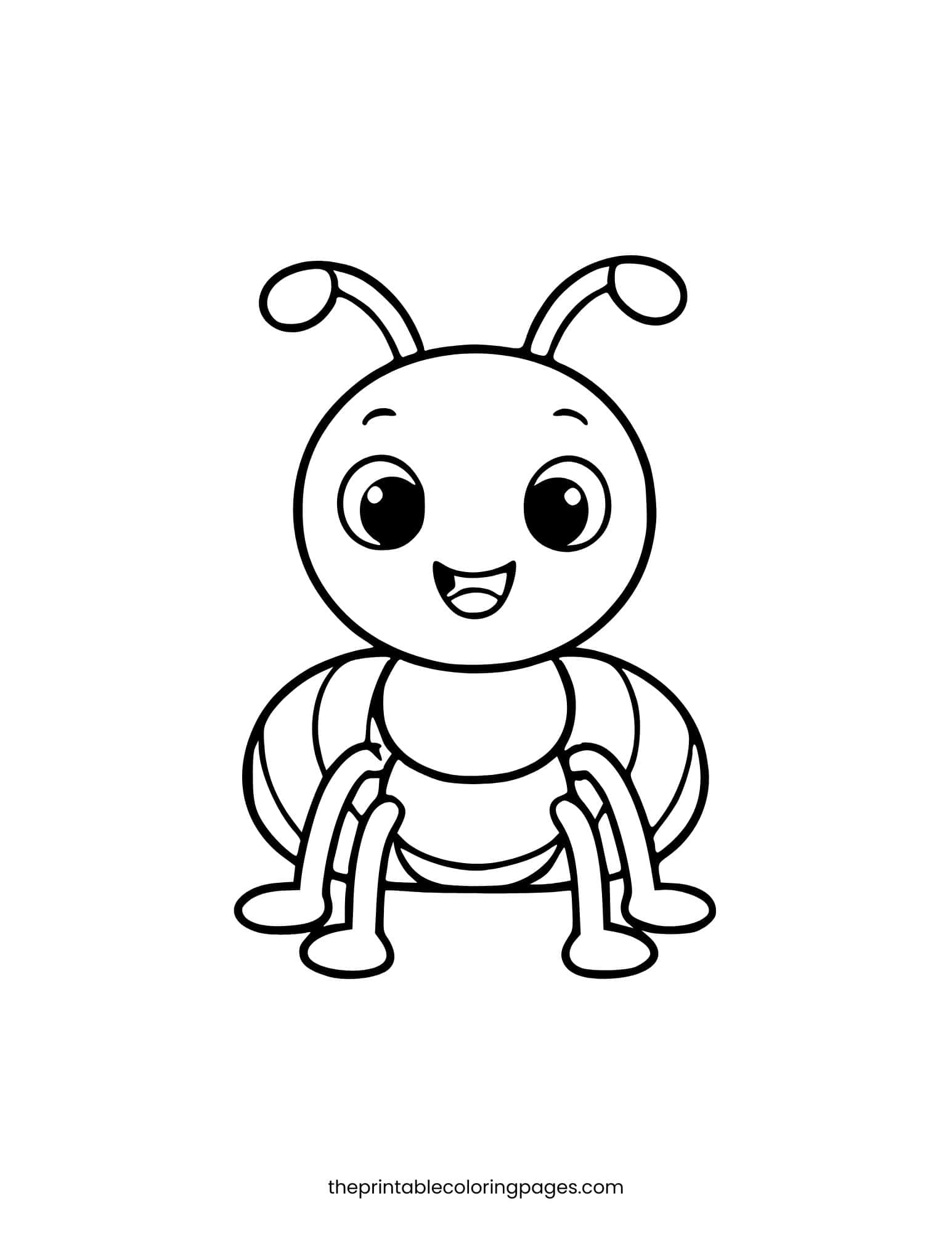 Front-facing view of a cute ant with a wide smile and thick lines.