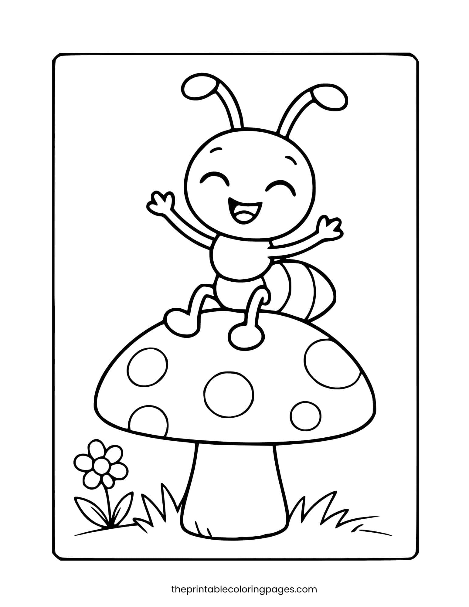 Happy ant sitting on a polka dot mushroom. Thick outlines, clean white background.