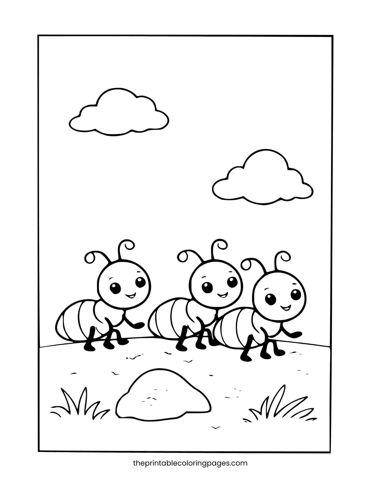 Three simple ants standing on a small hill under clouds. Thick outlines for easy coloring.