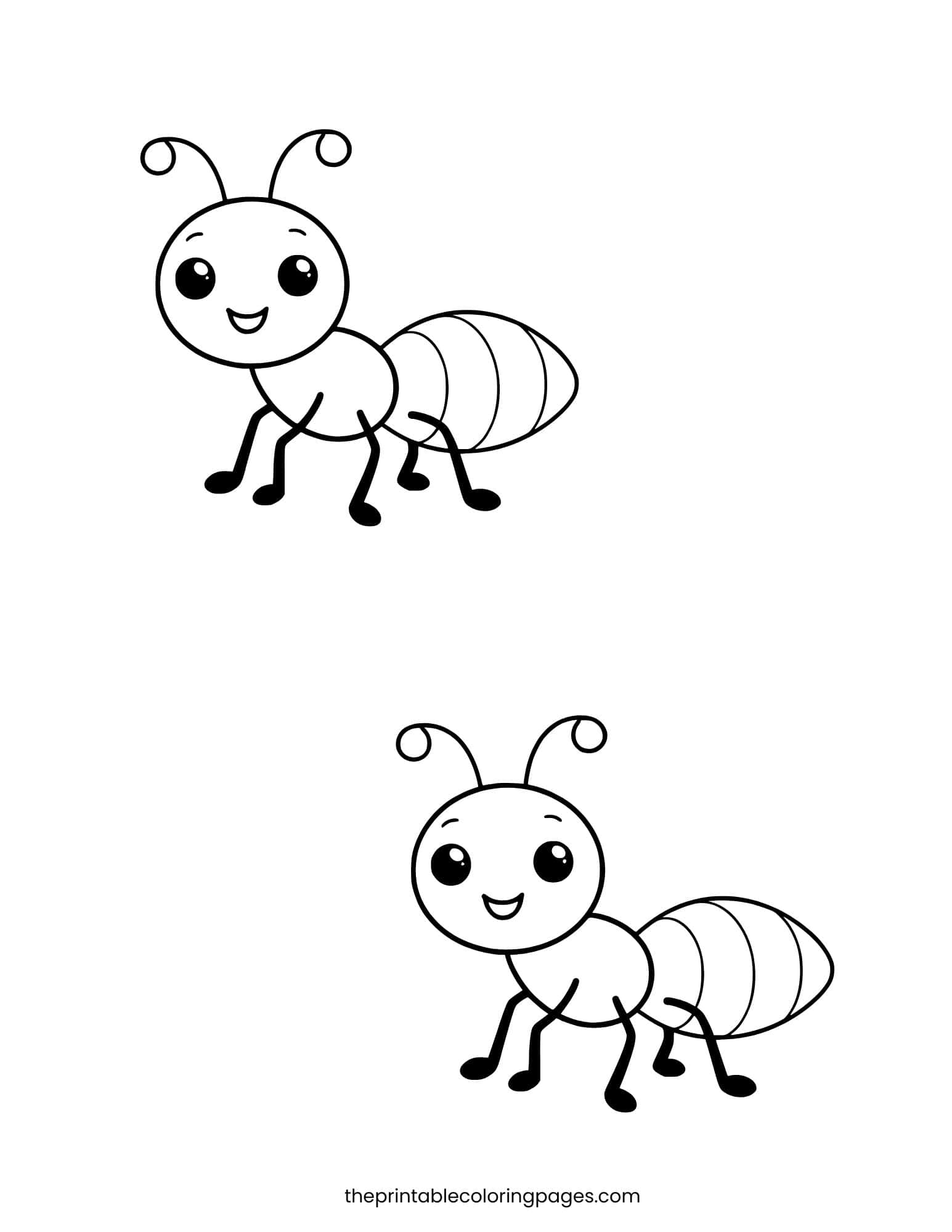 Two identical simple ants stacked vertically. Large spaces for easy coloring.