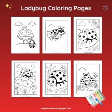 Collage featuring six printable ladybug coloring pages for kids, including cute ladybugs on flowers, leaves, mushrooms, and flying scenes with simple black-and-white outlines on a red background.