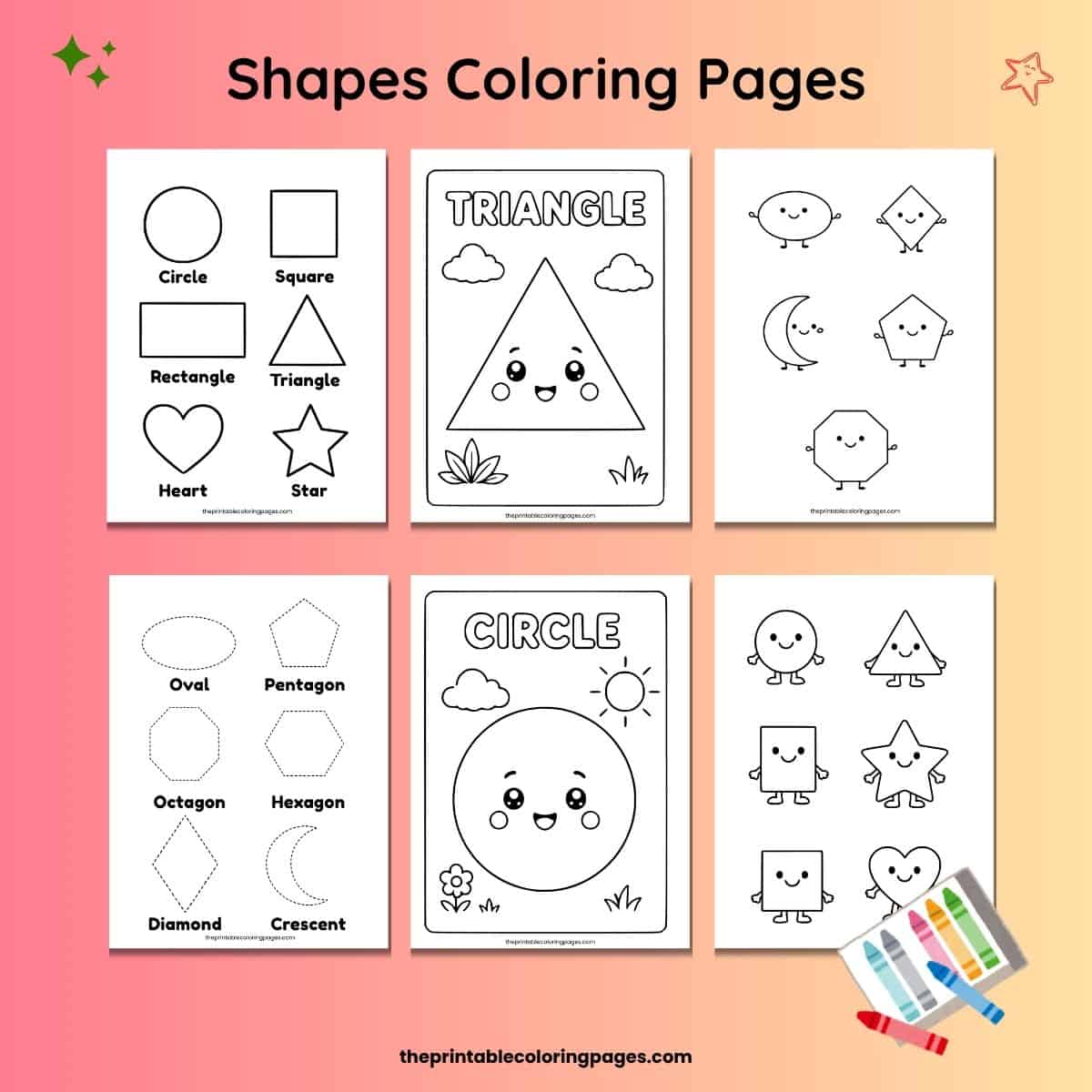 Collage featuring six printable shapes coloring pages for kids, including circle, triangle, square, star, heart, oval, pentagon, hexagon, crescent, and cute kawaii shape characters on a pink and peach background.
