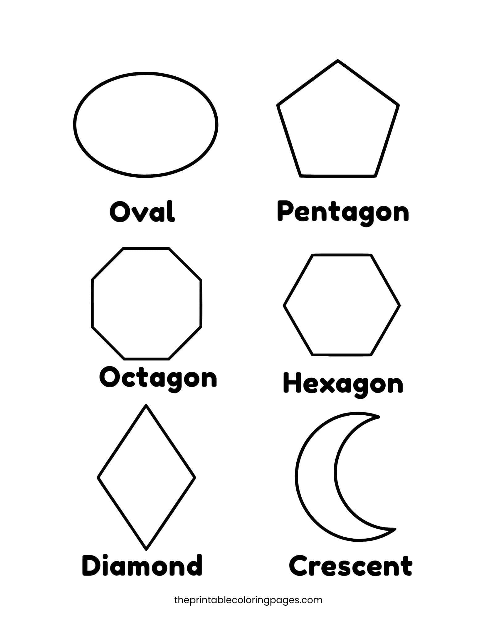 Six advanced shapes — oval, pentagon, octagon, hexagon, diamond, and crescent — with bold thick outlines, clear labels, and large coloring spaces on a clean white background, preschool-friendly.