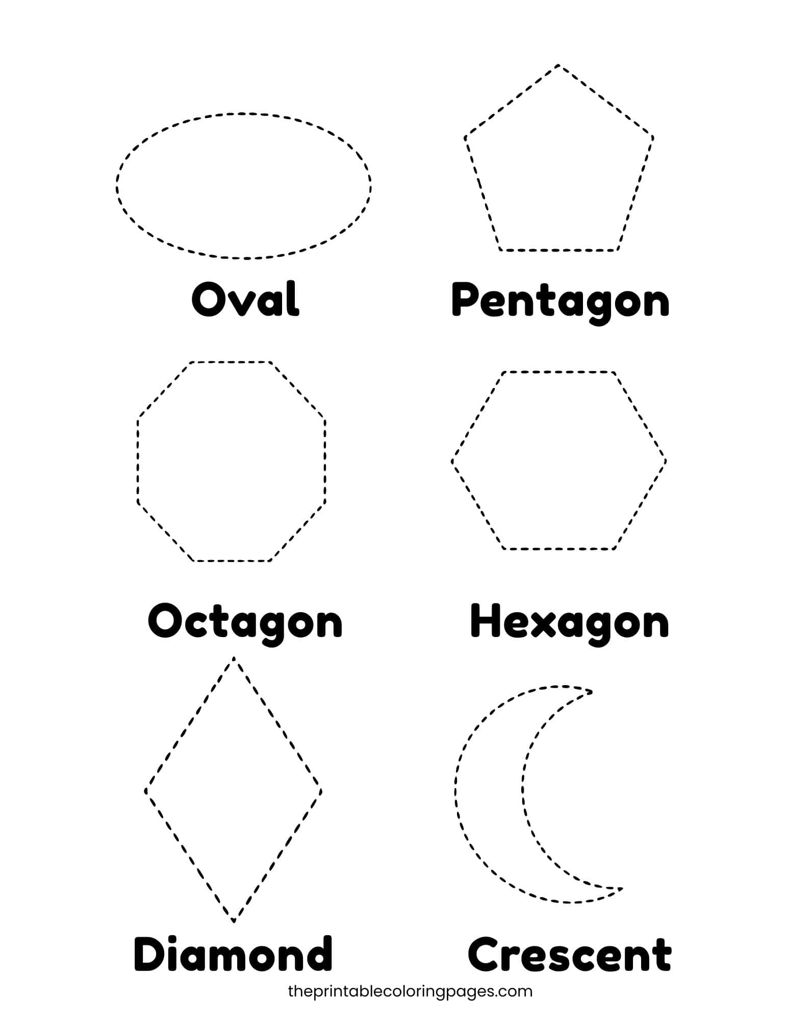 Six advanced shapes — oval, pentagon, octagon, hexagon, diamond, and crescent — drawn with dotted lines for tracing practice, with bold labels on a clean white background, preschool-friendly.