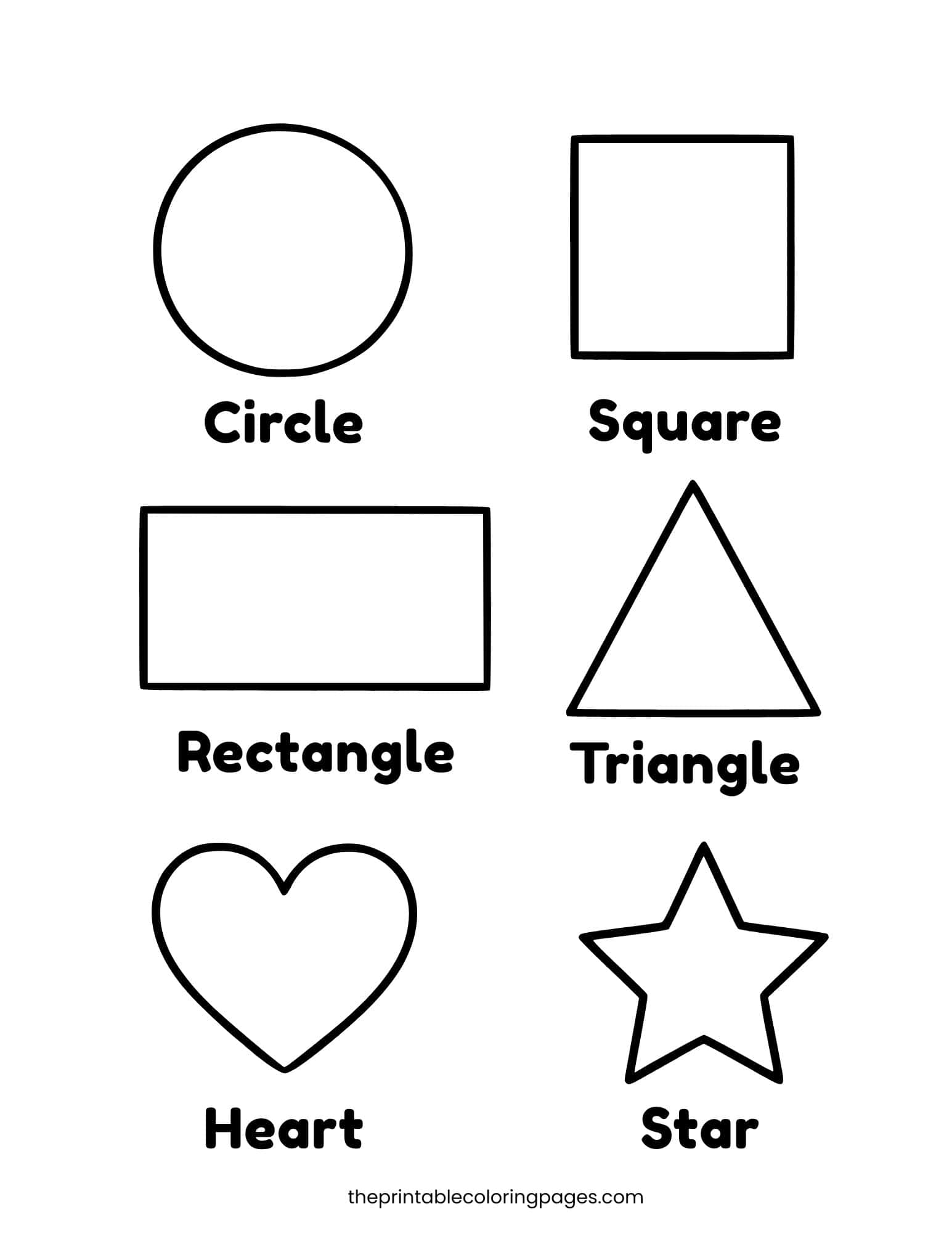 Six basic shapes — circle, square, rectangle, triangle, heart, and star — with bold thick outlines, clear labels, and large coloring spaces on a clean white background, preschool-friendly.