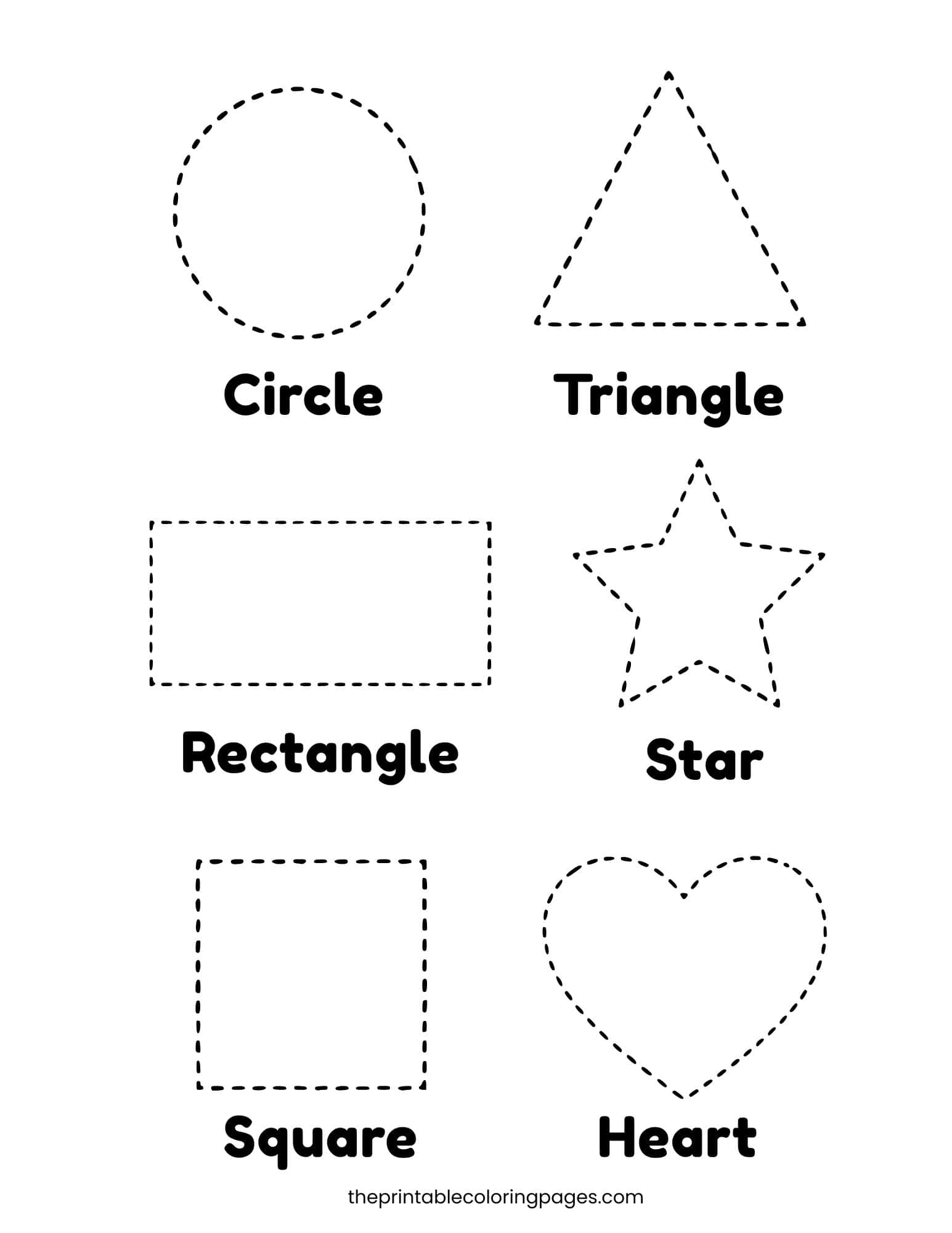 Six basic shapes — circle, triangle, rectangle, star, square, and heart — drawn with dotted lines for tracing practice, with bold labels on a clean white background, preschool-friendly.