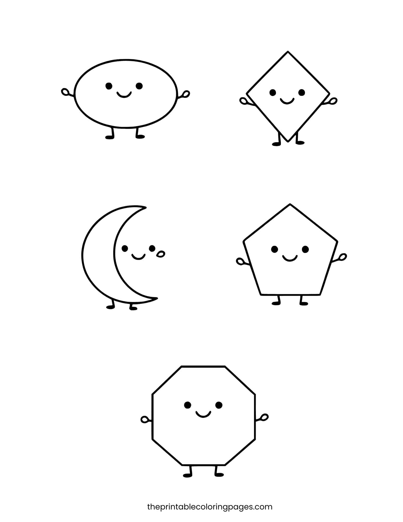 Five cute kawaii shape characters — oval, diamond, crescent, pentagon, and octagon — each with a smiling face, tiny arms and legs, with thick outlines and a clean white background, preschool-friendly.