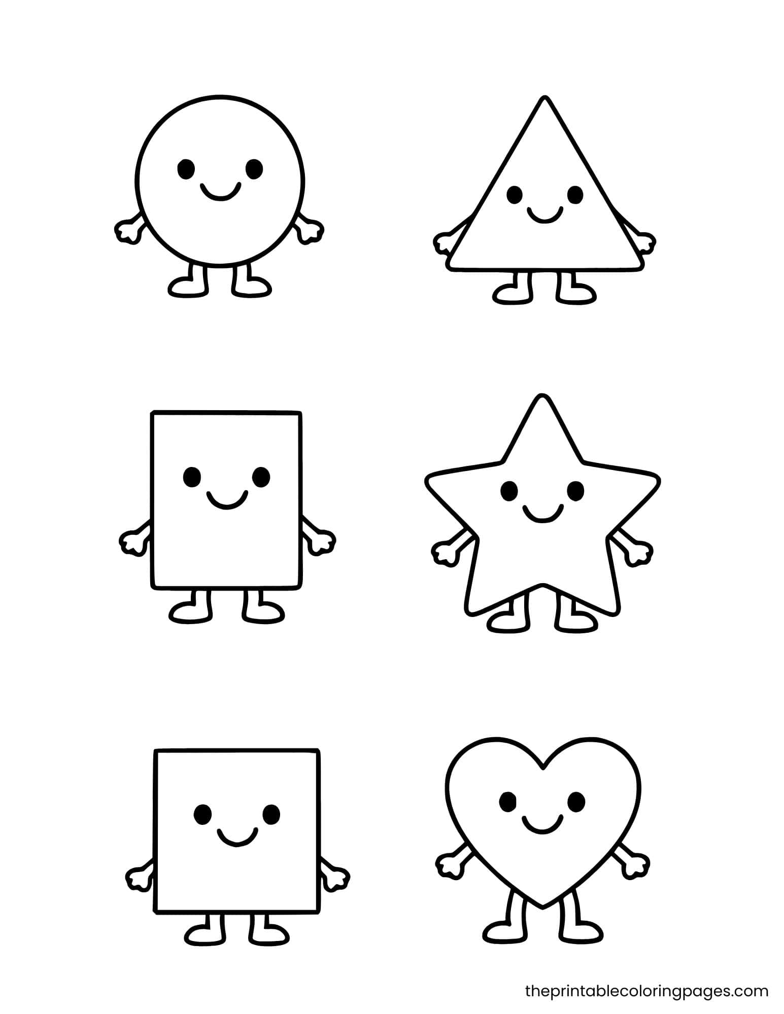 Six cute kawaii shape characters — oval, pentagon, hexagon, octagon, crescent, and diamond — with detailed hands and feet, smiling faces, thick outlines, and a clean white background, preschool-friendly.