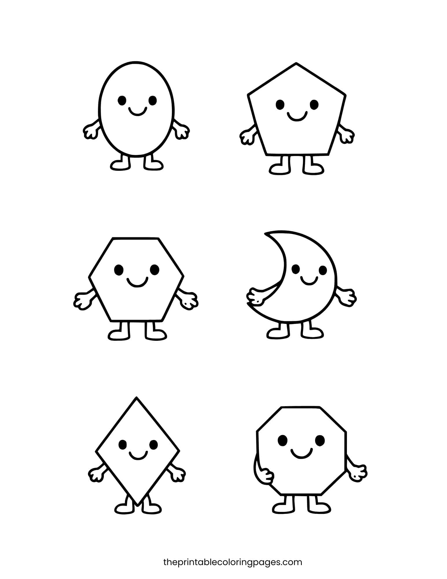 Six cute kawaii shape characters — circle, triangle, rectangle, star, square, and heart — with detailed hands and feet, smiling faces, thick outlines, and a clean white background, preschool-friendly.
