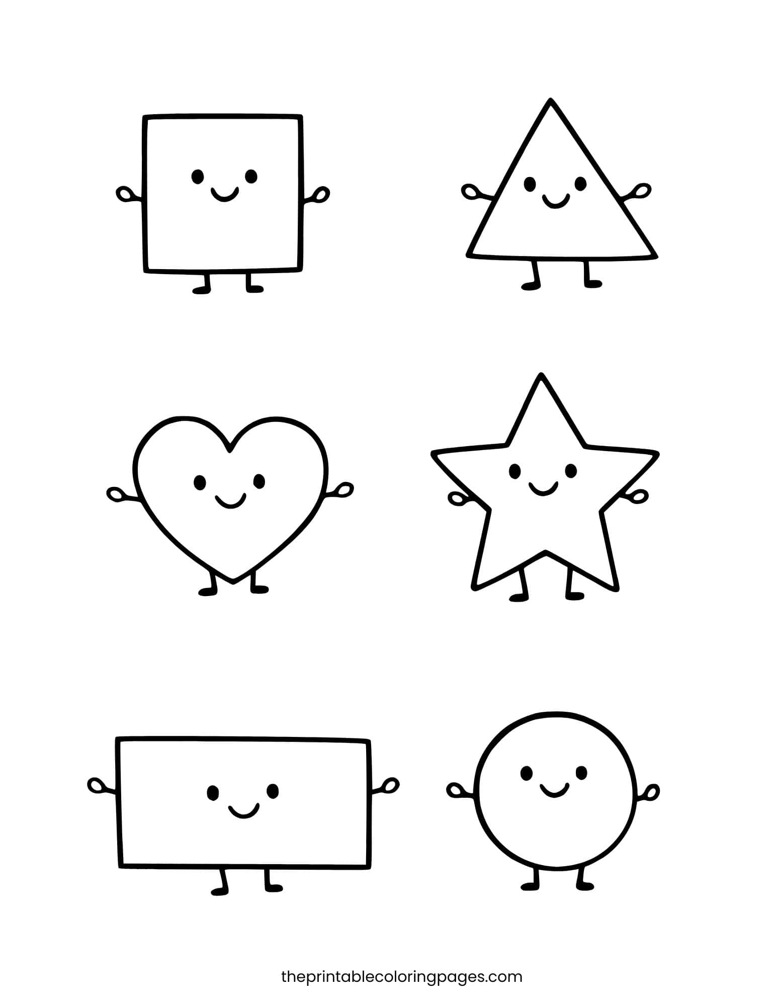 Six cute kawaii shape characters — square, triangle, heart, star, rectangle, and circle — each with a smiling face, tiny arms and legs, with thick outlines and a clean white background, preschool-friendly.