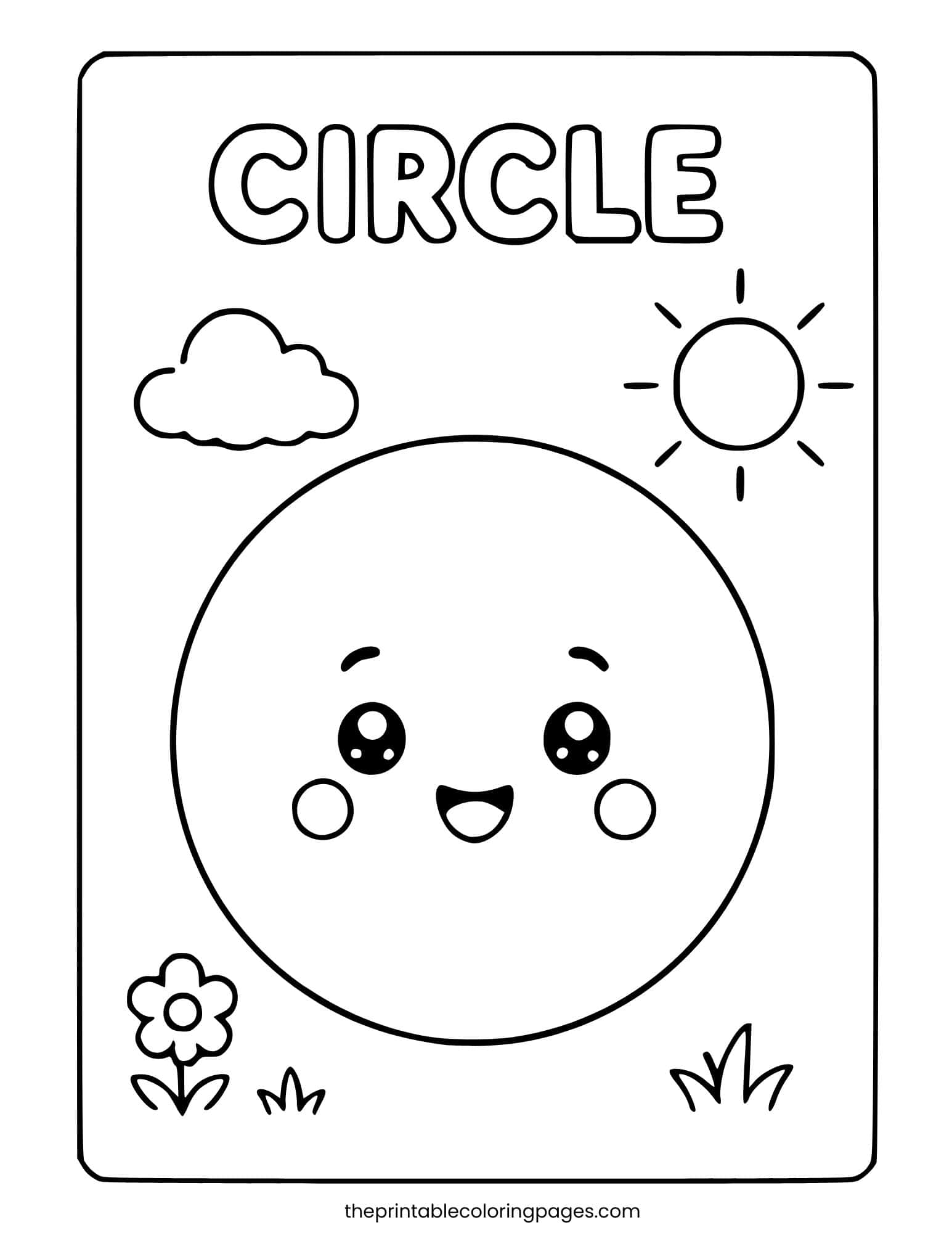 A cute kawaii circle character with a happy smiling face, rosy cheeks, and big eyes, surrounded by a sun, cloud, flower, and grass, with thick outlines and a clean white background, preschool-friendly.