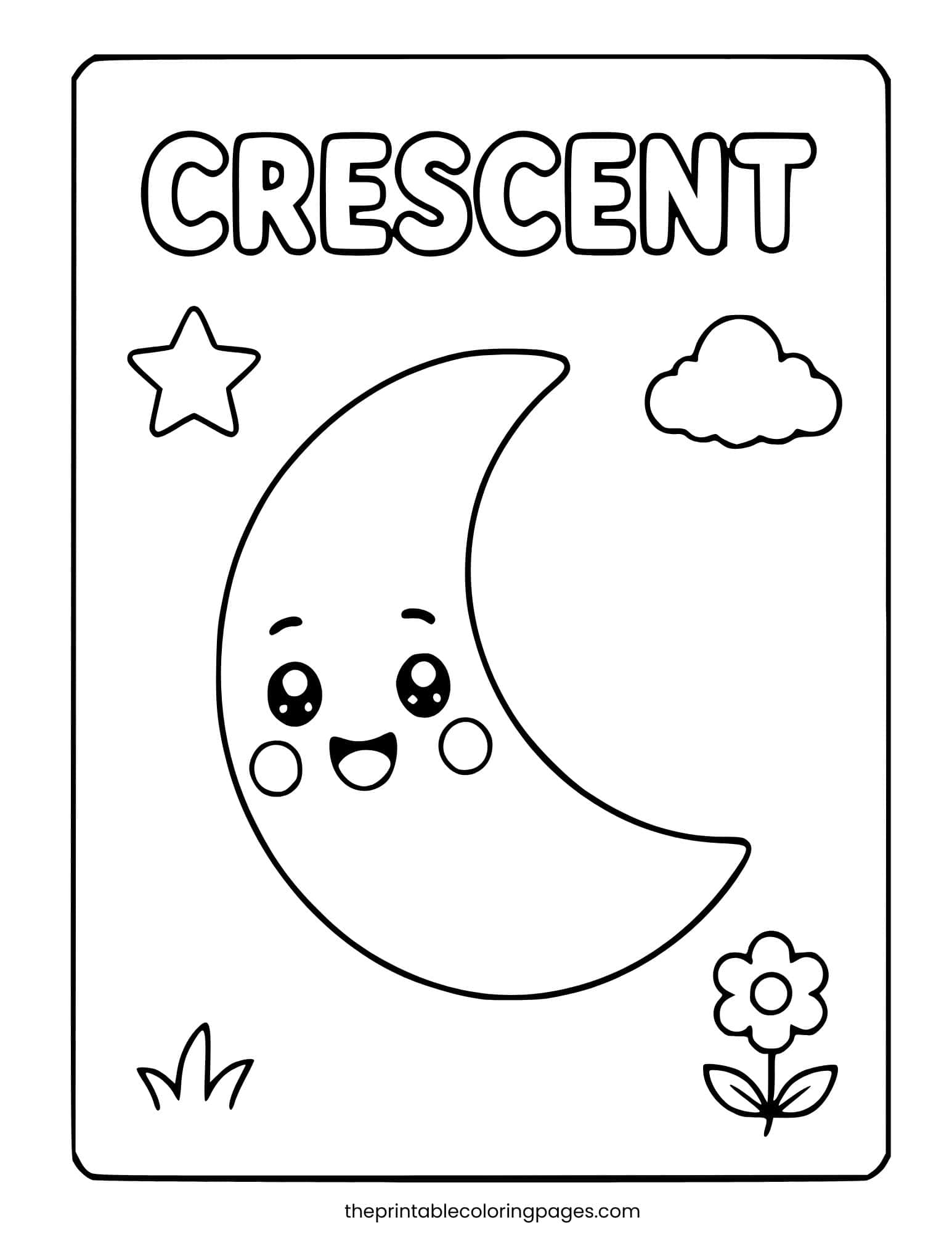 A cute kawaii crescent moon character with a happy smiling face, rosy cheeks, and big eyes, with a star, cloud, flower, and grass, with thick outlines and a clean white background, preschool-friendly.