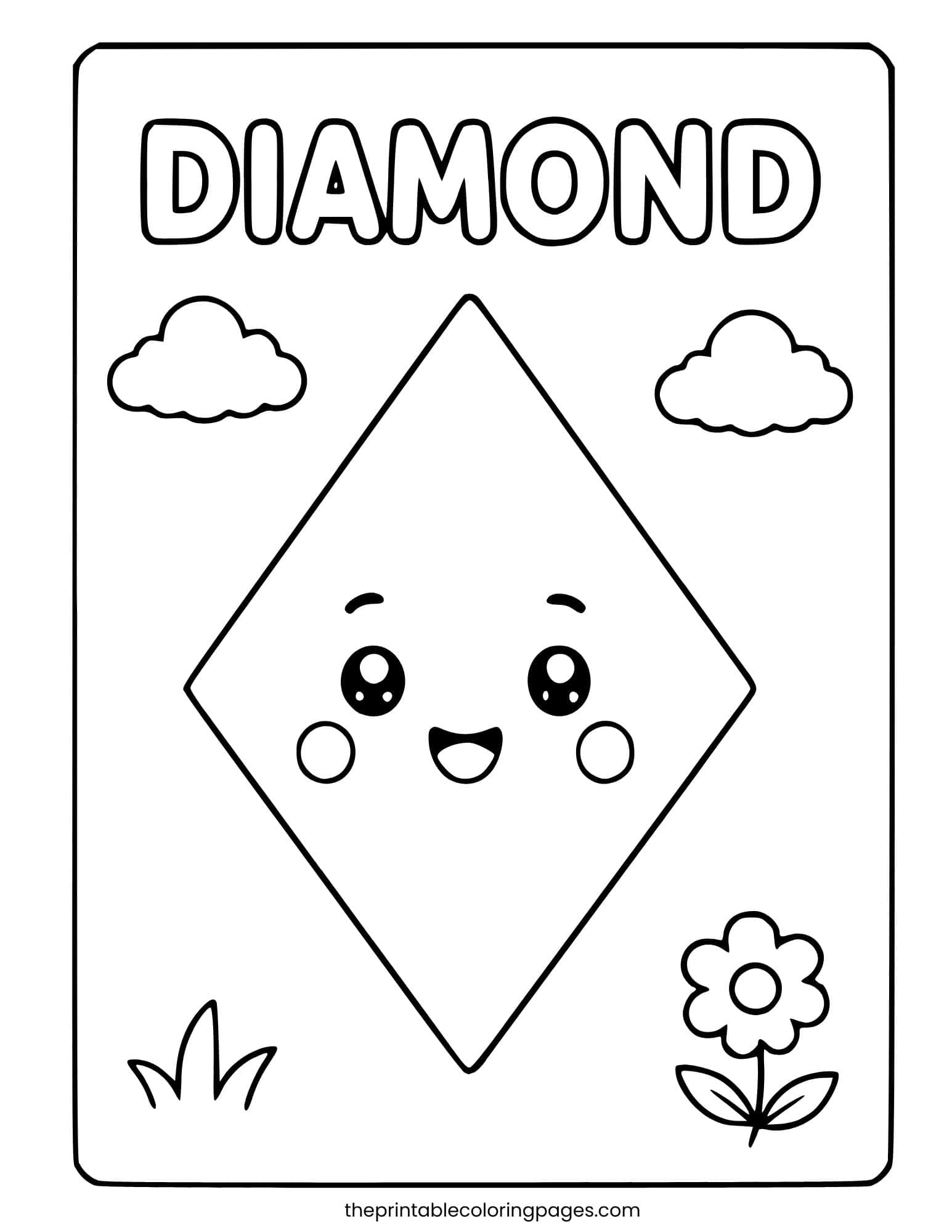A cute kawaii diamond character with a happy smiling face, rosy cheeks, and big eyes, surrounded by clouds, a flower, and grass, with thick outlines and a clean white background, preschool-friendly.
