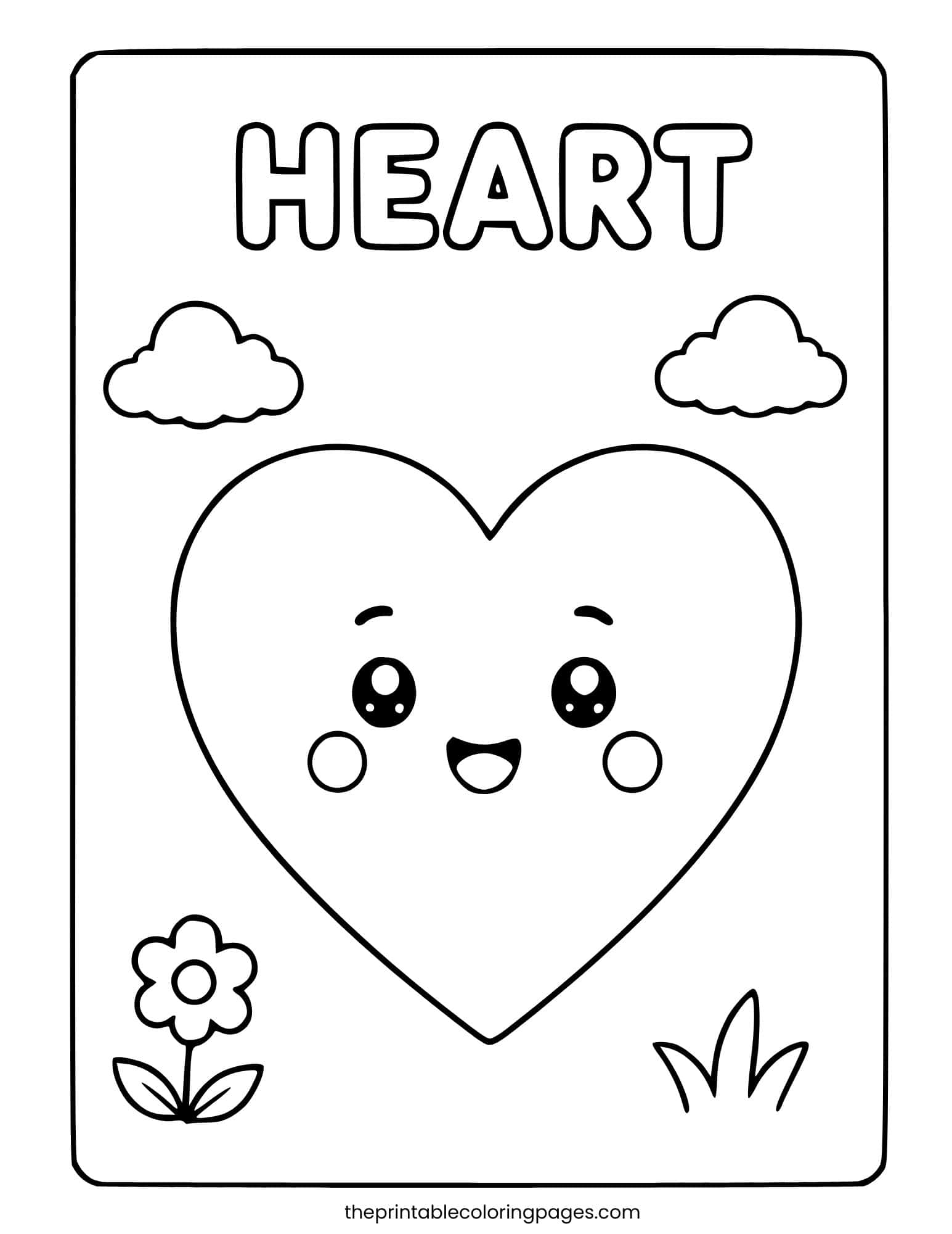 A cute kawaii heart character with a happy smiling face, rosy cheeks, and big eyes, surrounded by clouds, a flower, and grass, with thick outlines and a clean white background, preschool-friendly.