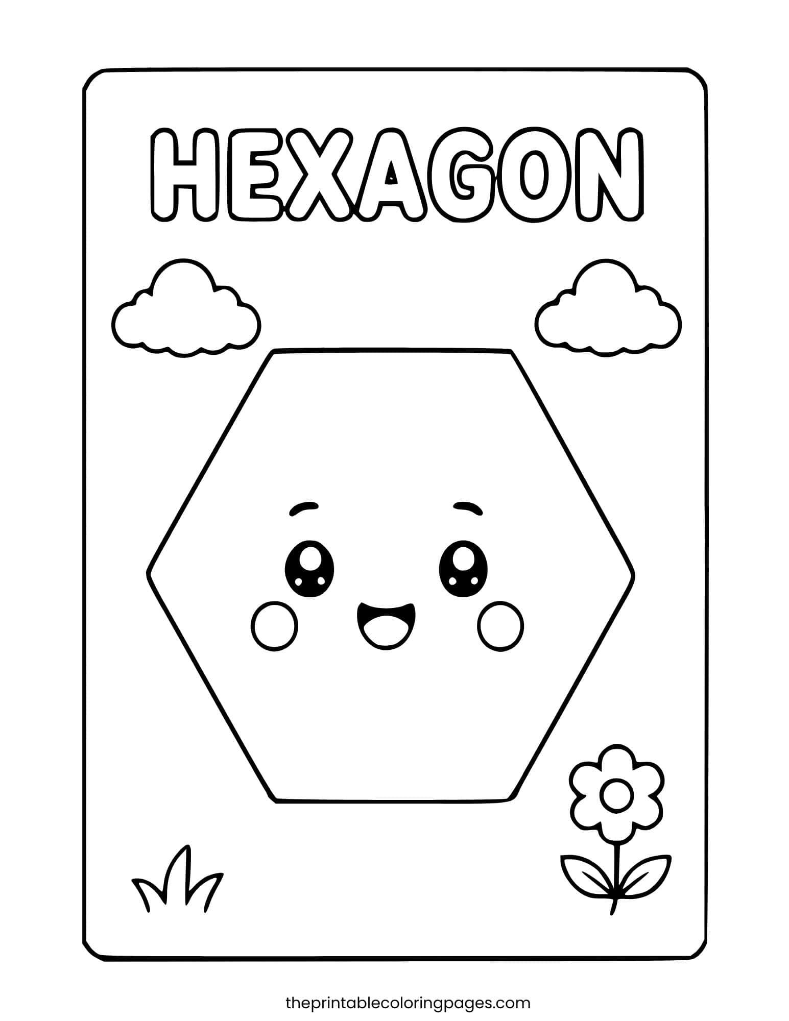 A cute kawaii hexagon character with a happy smiling face, rosy cheeks, and big eyes, surrounded by clouds, a flower, and grass, with thick outlines and a clean white background, preschool-friendly.
