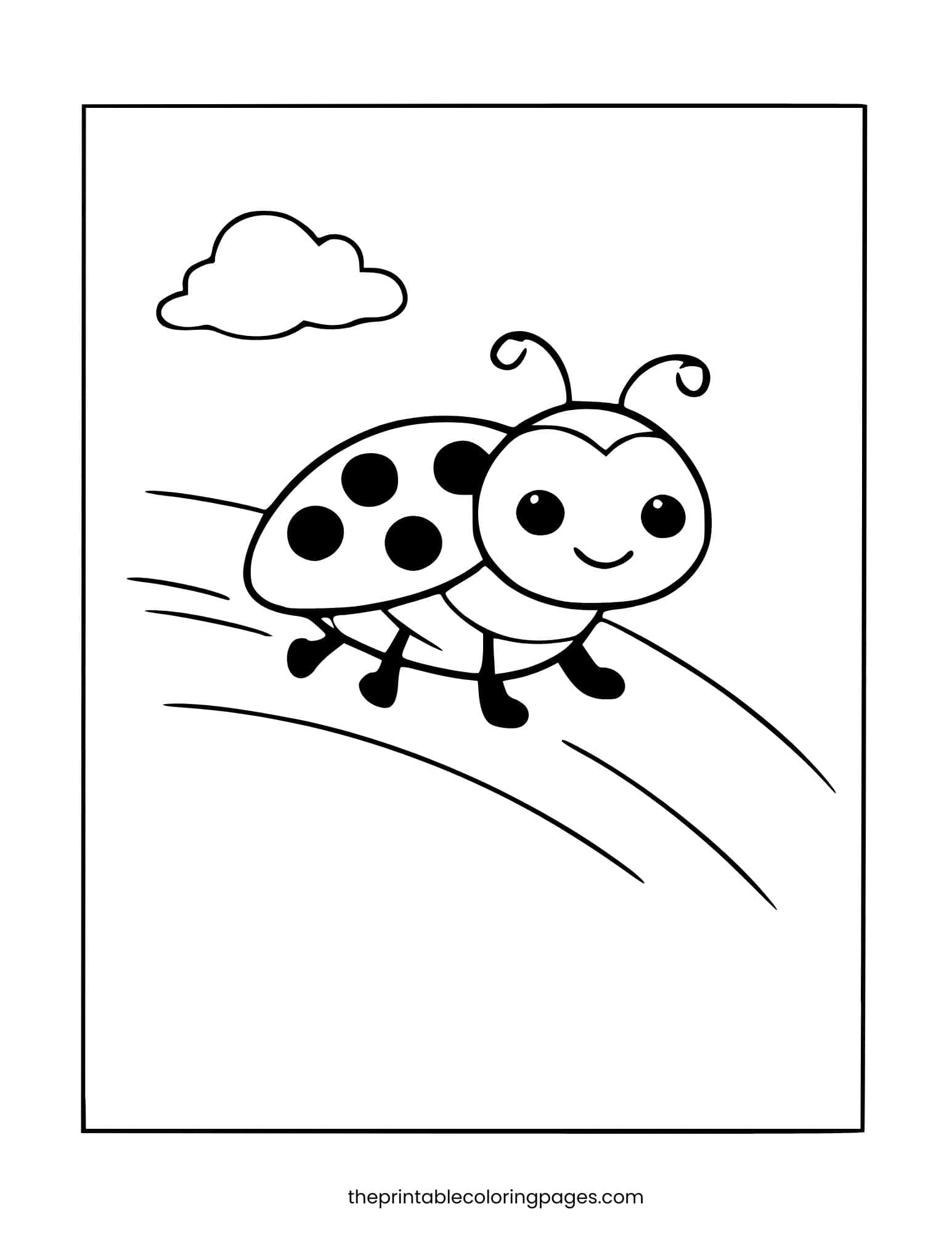 A cute ladybug crawling on a grassy hill with a small cloud above, thick outlines on a clean white background, preschool-friendly design.