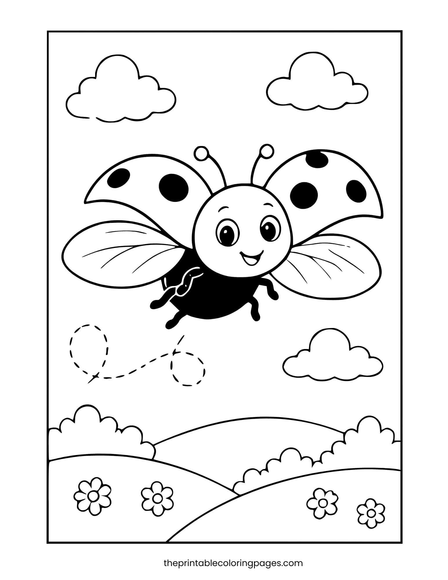 A cute ladybug flying with wings spread over rolling hills and flowers with clouds above, thick outlines on a clean white background, preschool-friendly design.