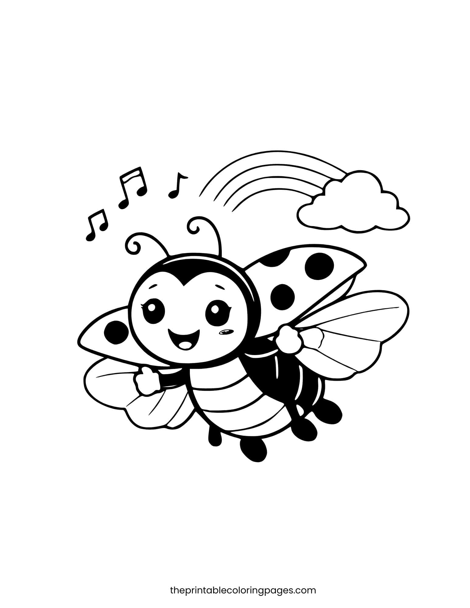 A cute kawaii ladybug flying with music notes and a rainbow in the background, thick outlines on a clean white background, preschool-friendly design.