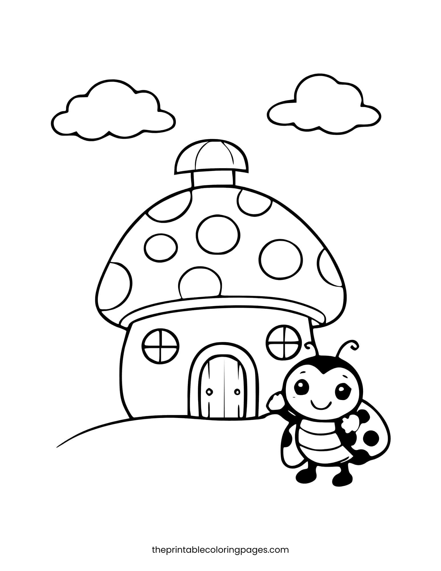 A cute ladybug standing next to a polka-dot mushroom house with two clouds above, thick outlines on a clean white background, preschool-friendly design.