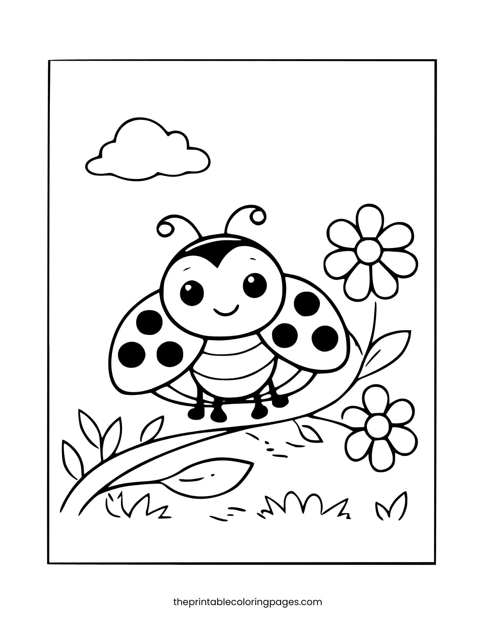 A cute ladybug sitting on a branch with flowers and a cloud nearby, thick outlines on a clean white background, preschool-friendly design.