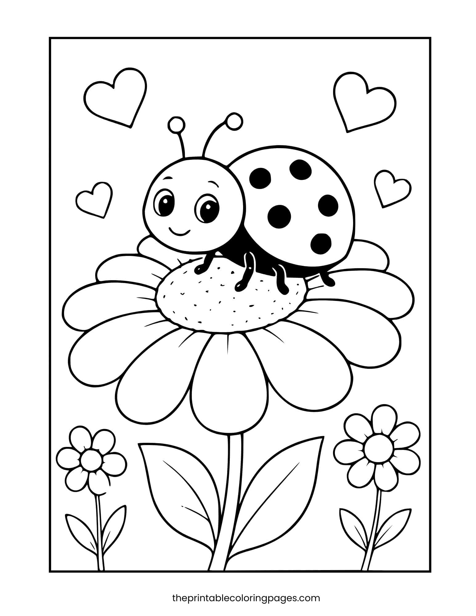 A cute ladybug sitting on a large daisy flower with hearts floating above, thick outlines on a clean white background, preschool-friendly design.
